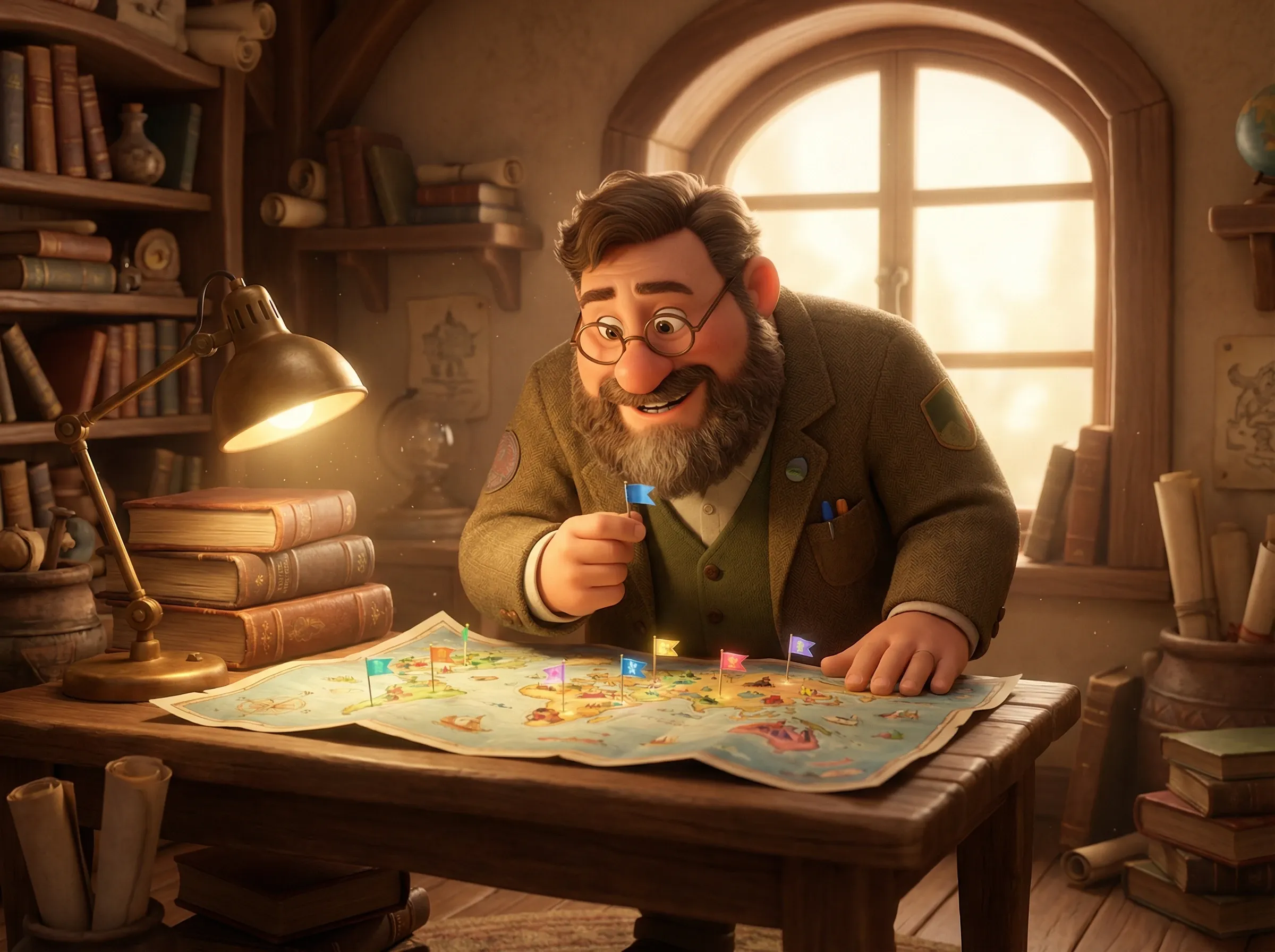 Linguiste étudiant carte du monde avec drapeaux