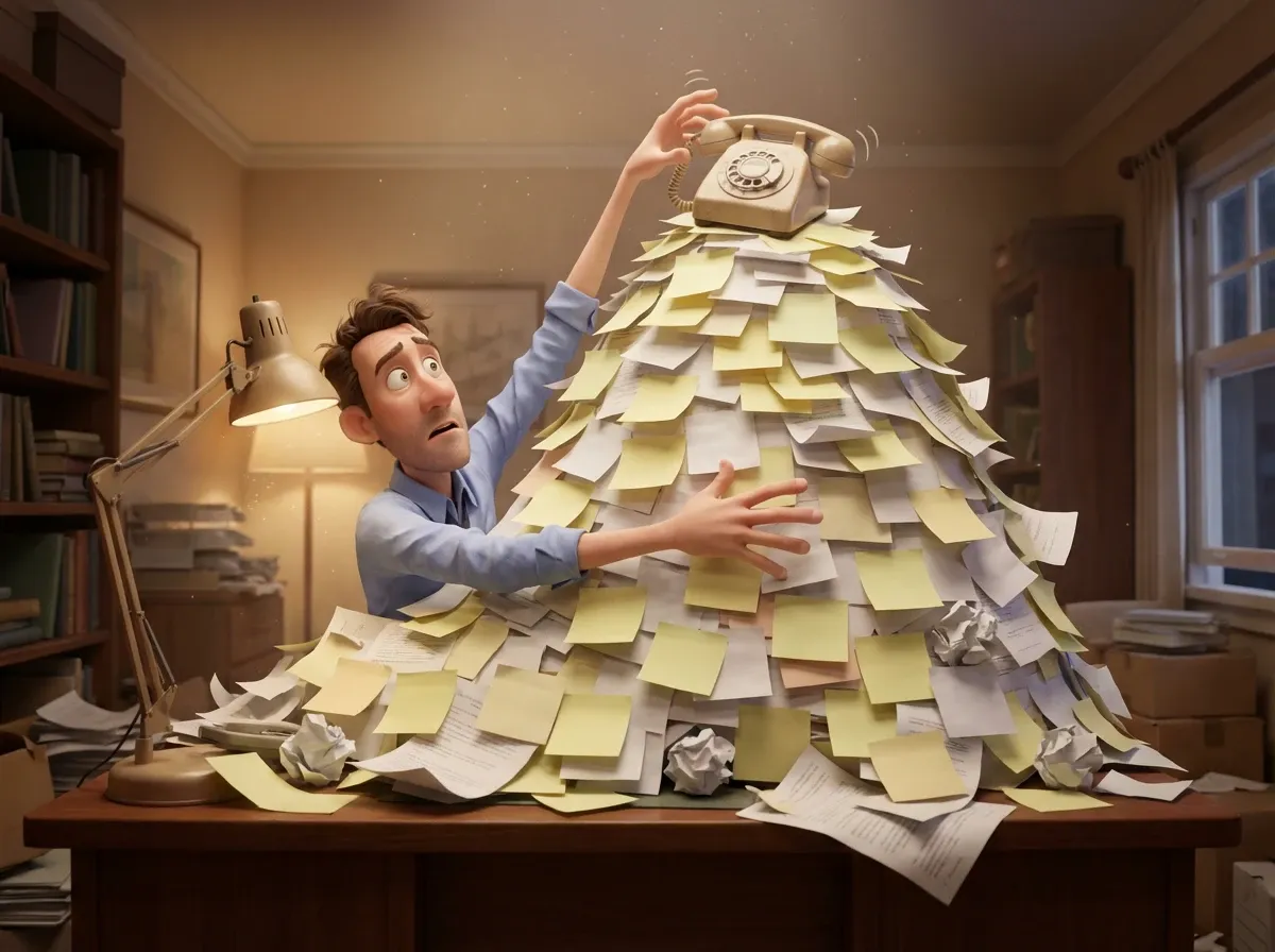 Homme submergé de post-its au bureau