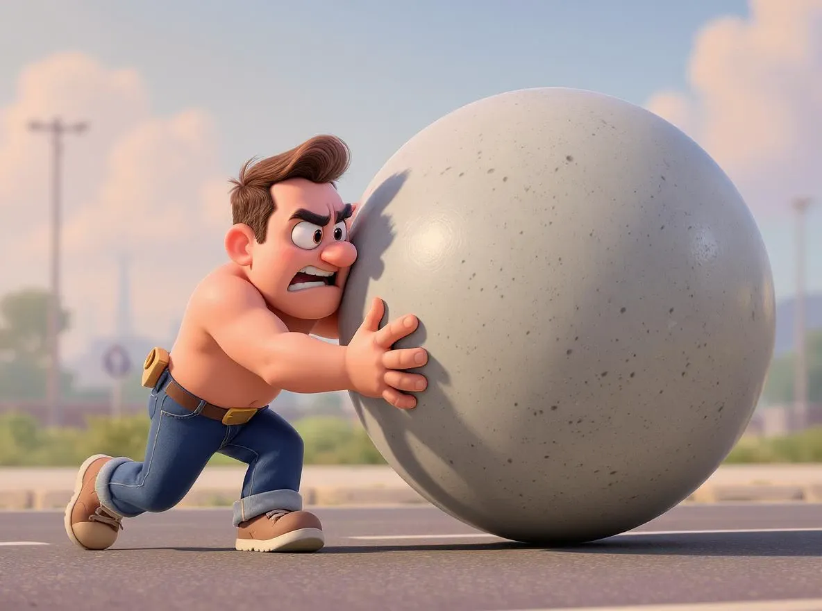 homme qui pousse une boule en béton