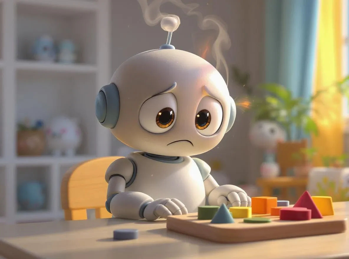 robot en surchauffe devant jeu de logique pour enfant