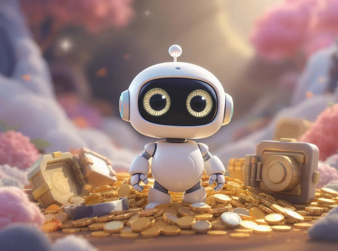 Robot au milieu d'or et de coffre forts ouverts