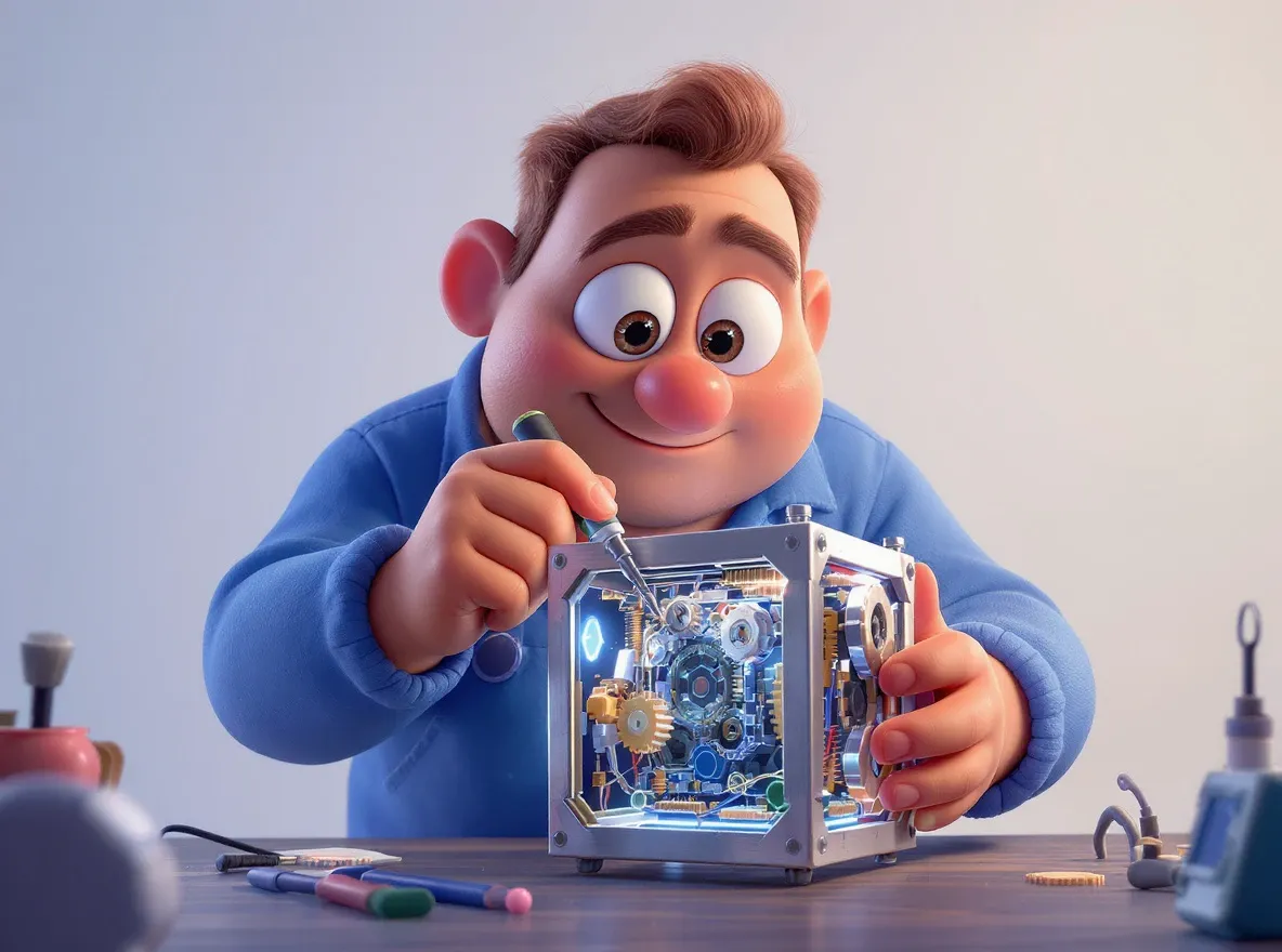 Un personnage vêtu d'une combinaison de travail, utilise des outils de précision pour démonter délicatement un cube métallique complexe.