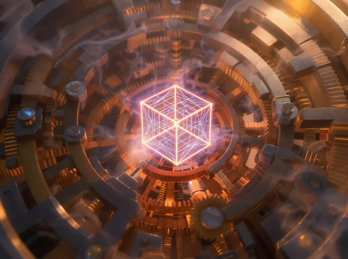 mécanisme complexe avec cube lumineux en son centre