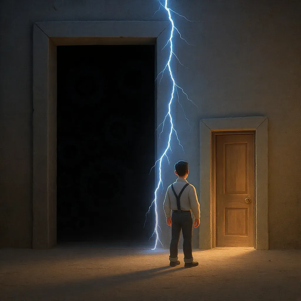 un utilisateur  devant une petite porte et devant une grande porte sombre