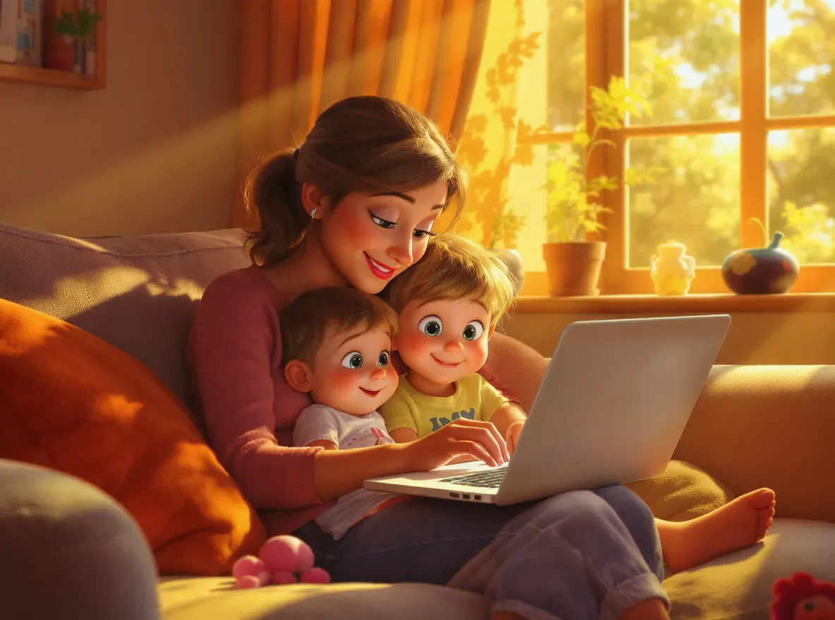 manan sereine devant l'ordinateur avec ses enfants