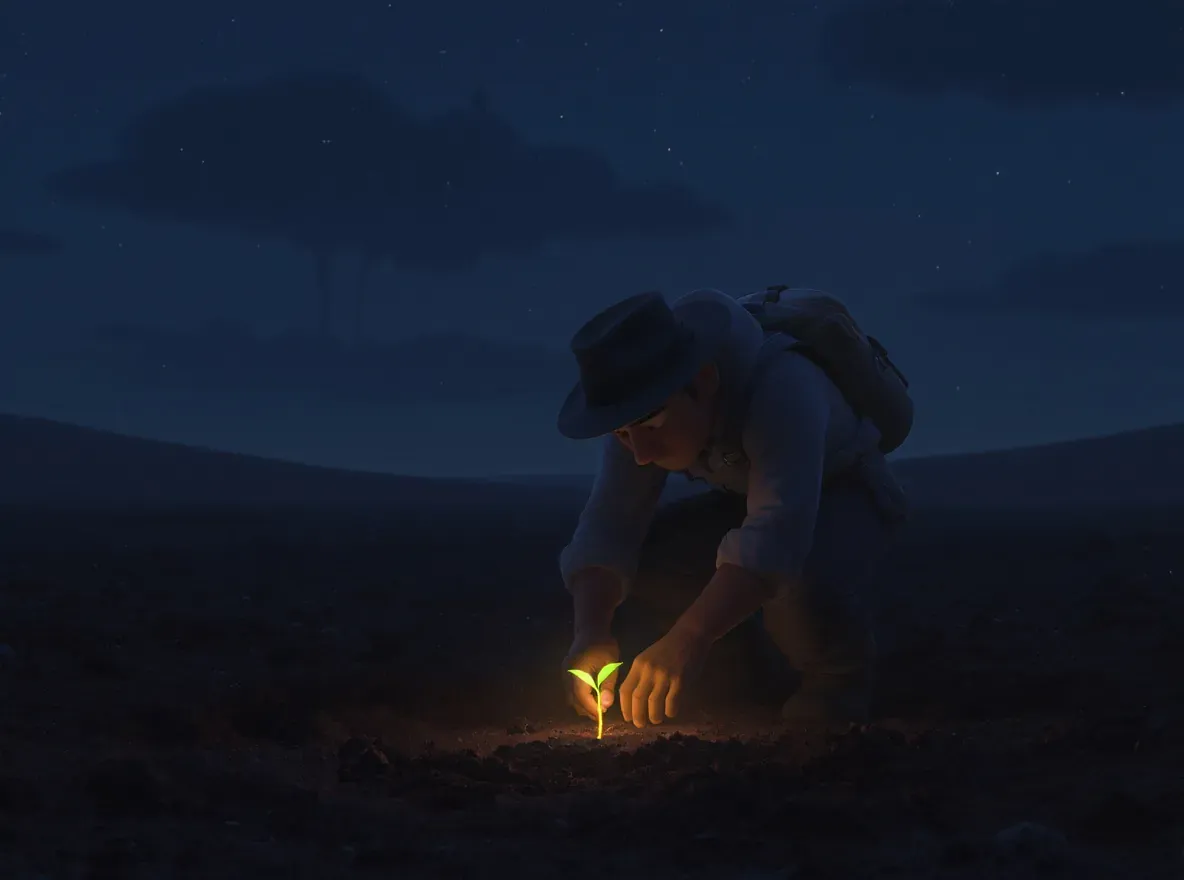 personnage qui plante une graine lumineuse