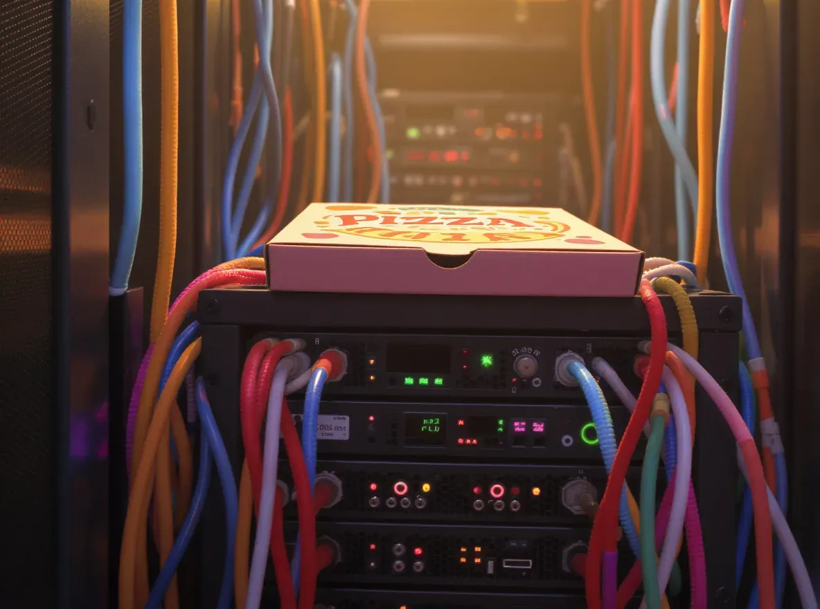 boite de pizza sur rack de serveur