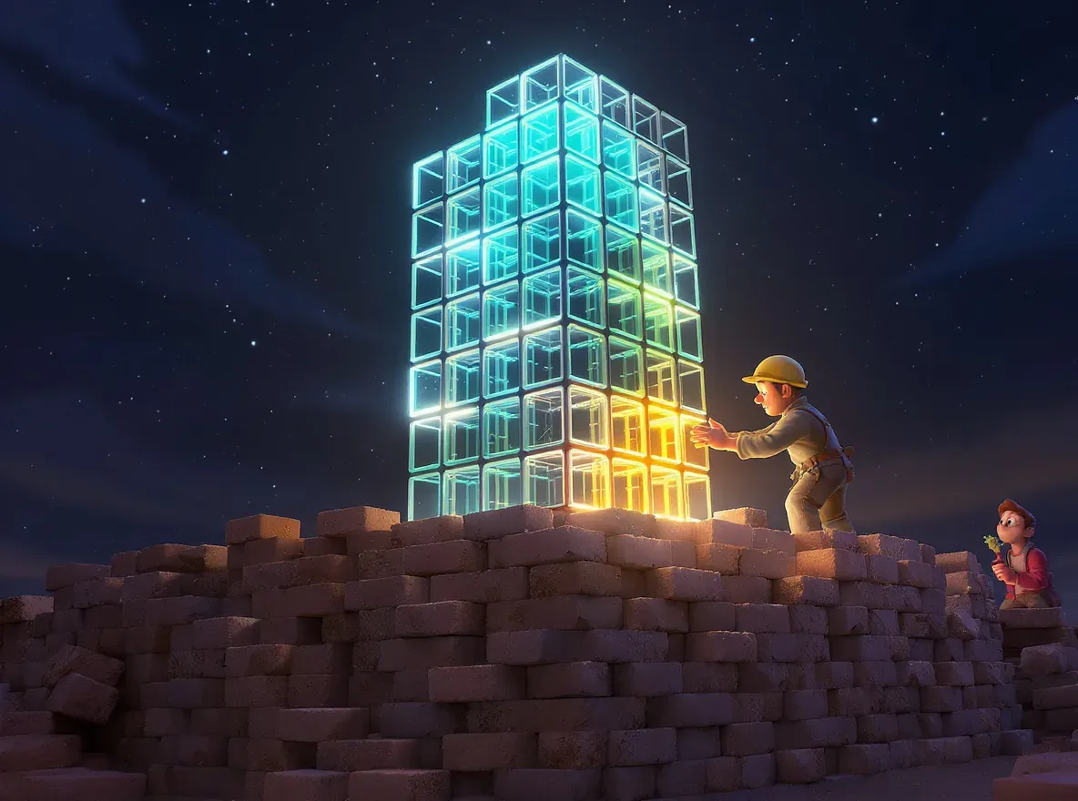 hommes construisants une structure lumineuse