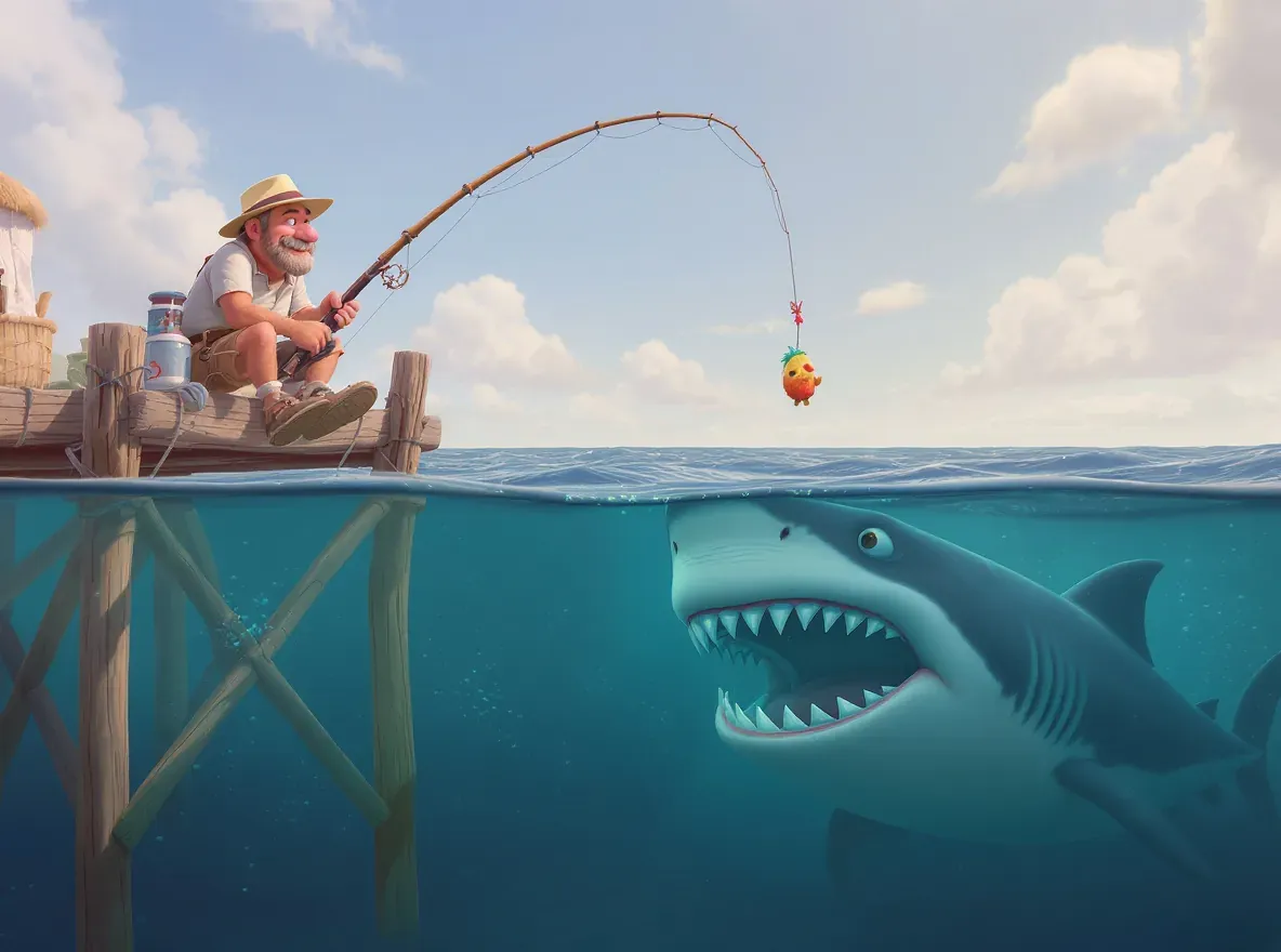 pêcheur avec un gros requin qui approche