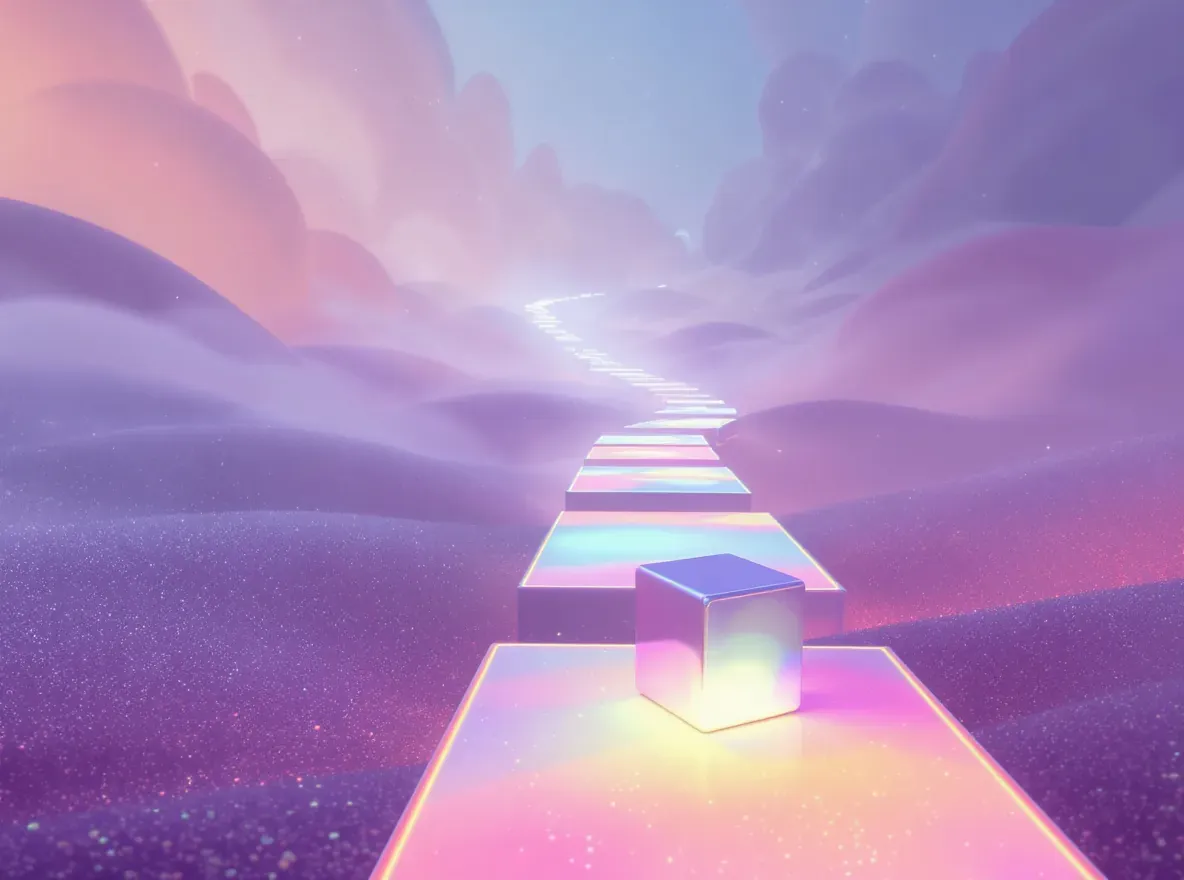 une longue voie unique, composée de segments carrés et lumineux, s'étendant à l'infini