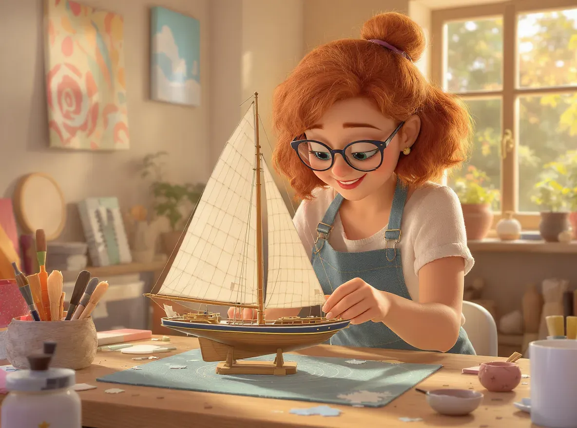 une femme artisan entrain de faire un bateau miniature