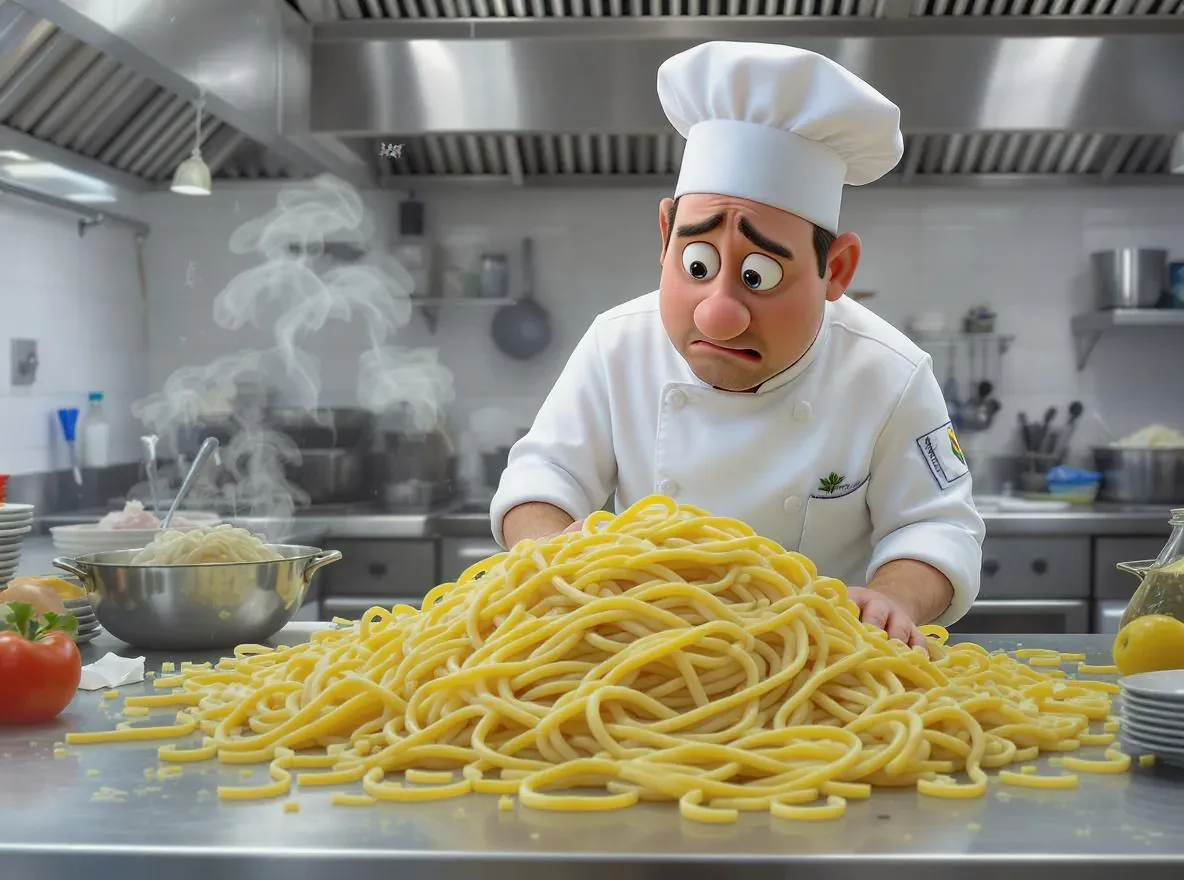 cuisinier devant un tas de spaghetti
