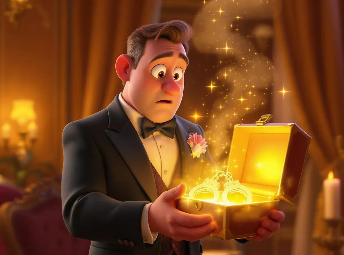 un dirigeant qui ouvre un cadeau contenant des menottes  dorées