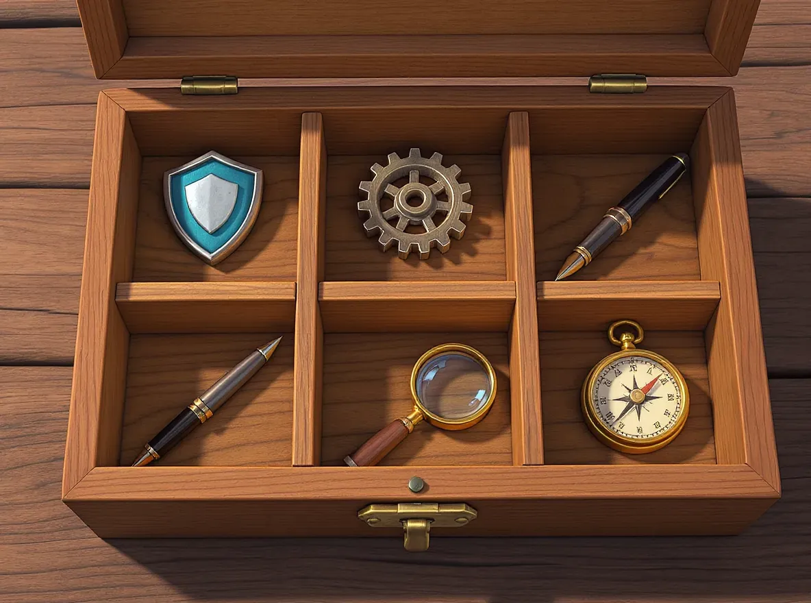 Une boîte à outils en bois, parfaitement organisée, vue de dessus. Chaque compartiment contient un seul objet symbolique