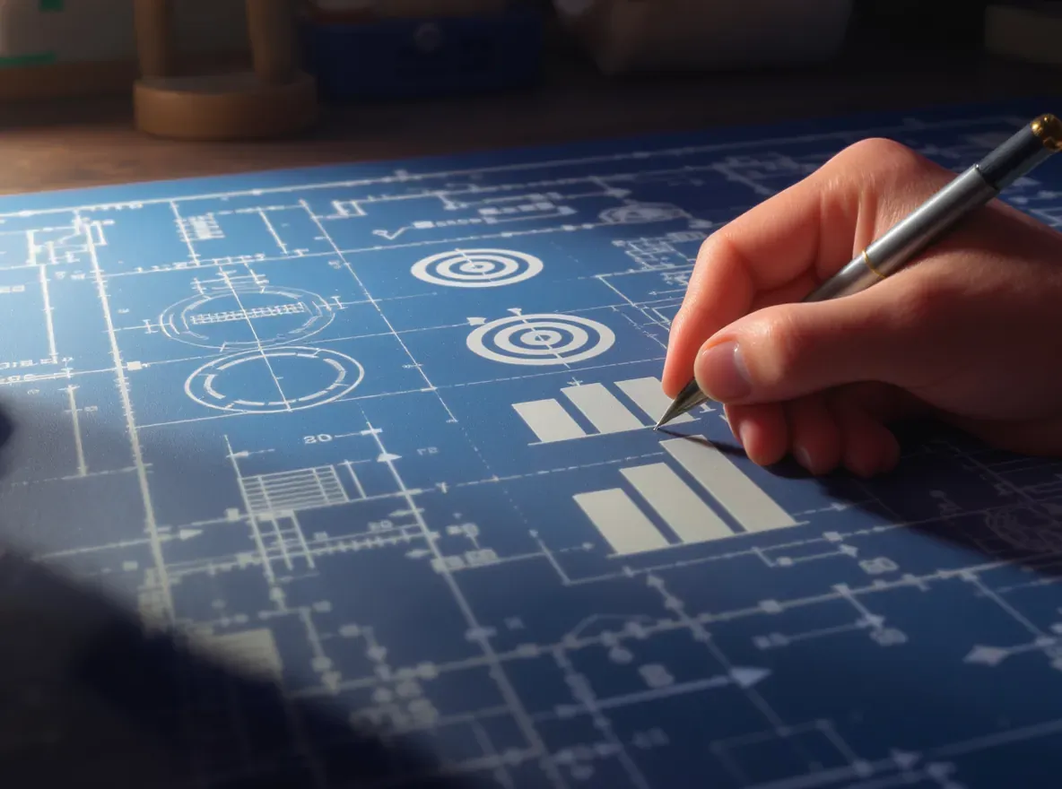 Un plan de construction (blueprint) est posé à plat sur une table