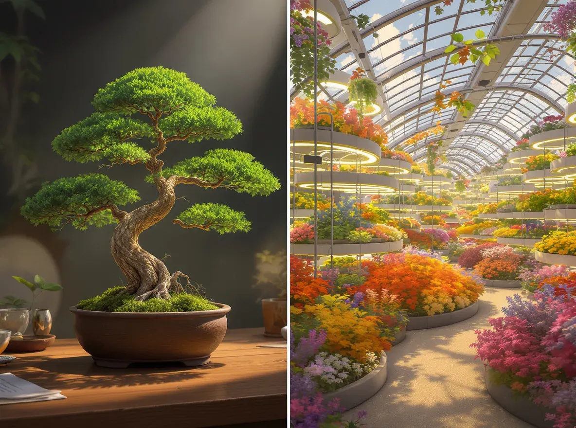 a gauche un bonzai et a droite une serre
