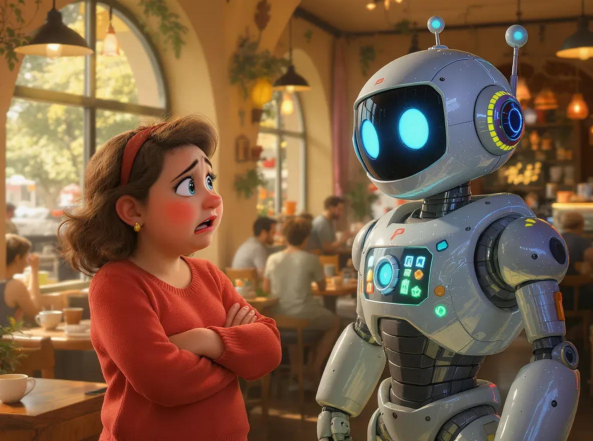 cliente blasée devant un robot