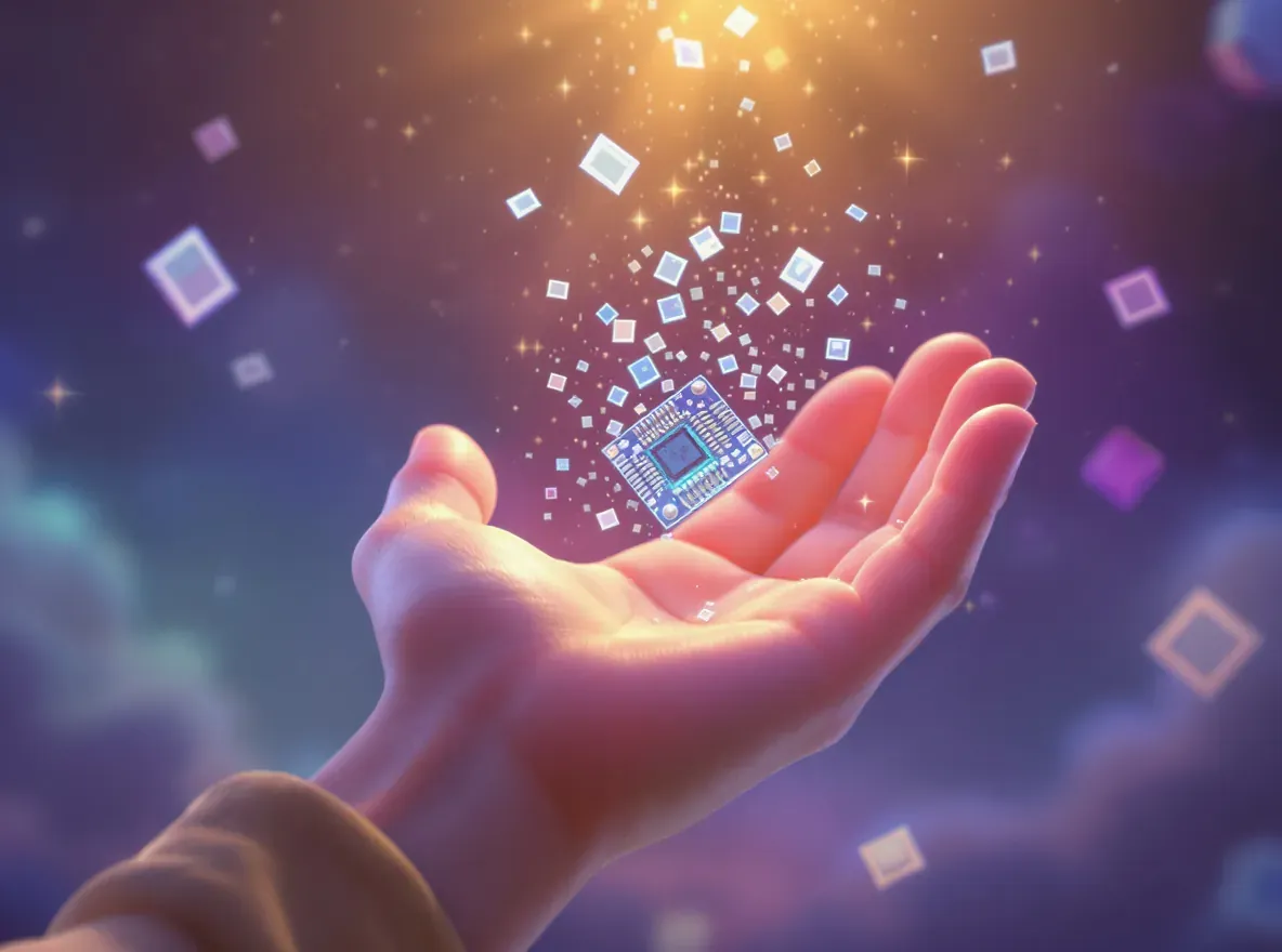 une main avec un petit circuit imprimé digital