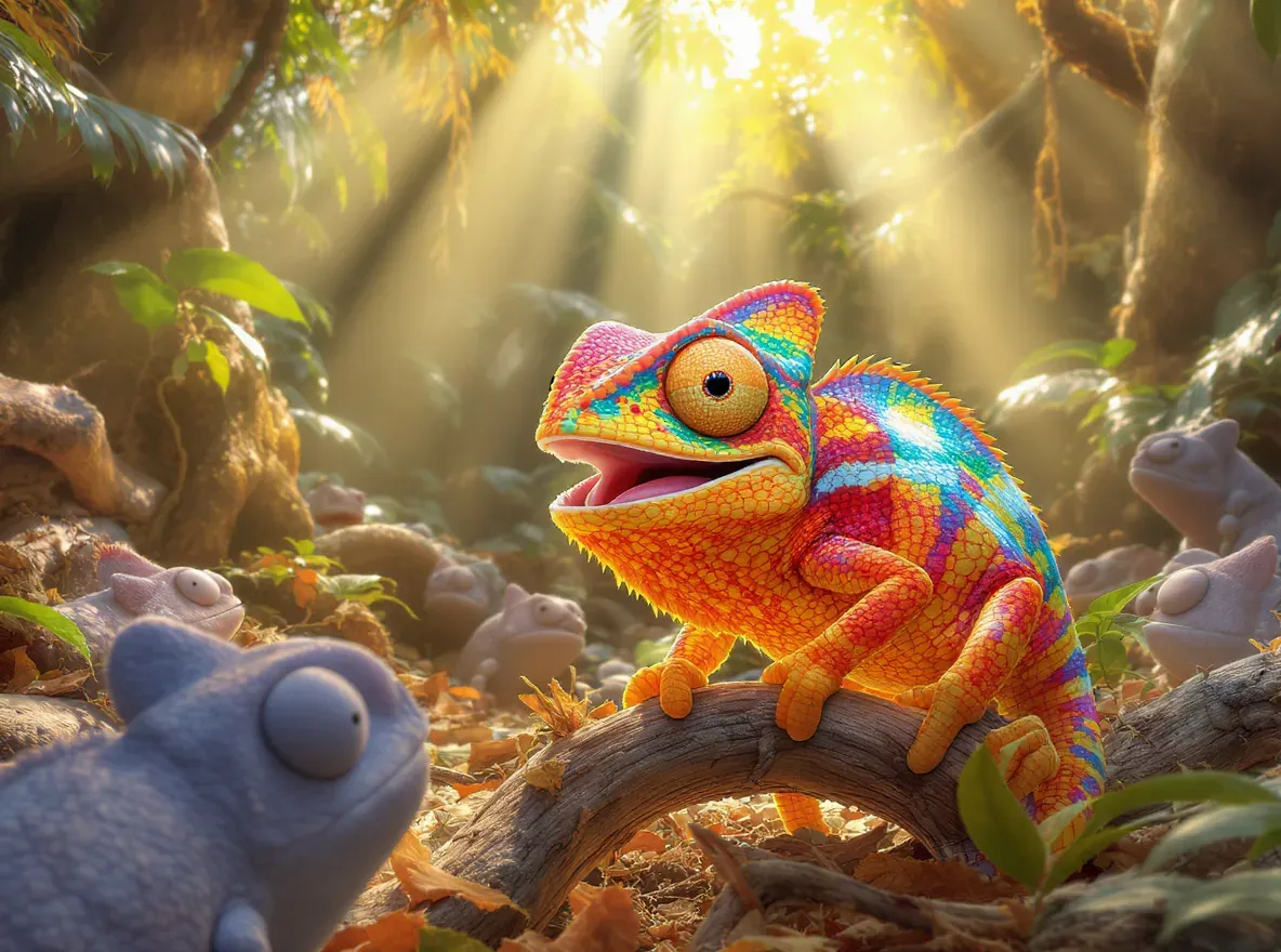 caméléon avec plein de couleurs qui se démarque de ses congénères