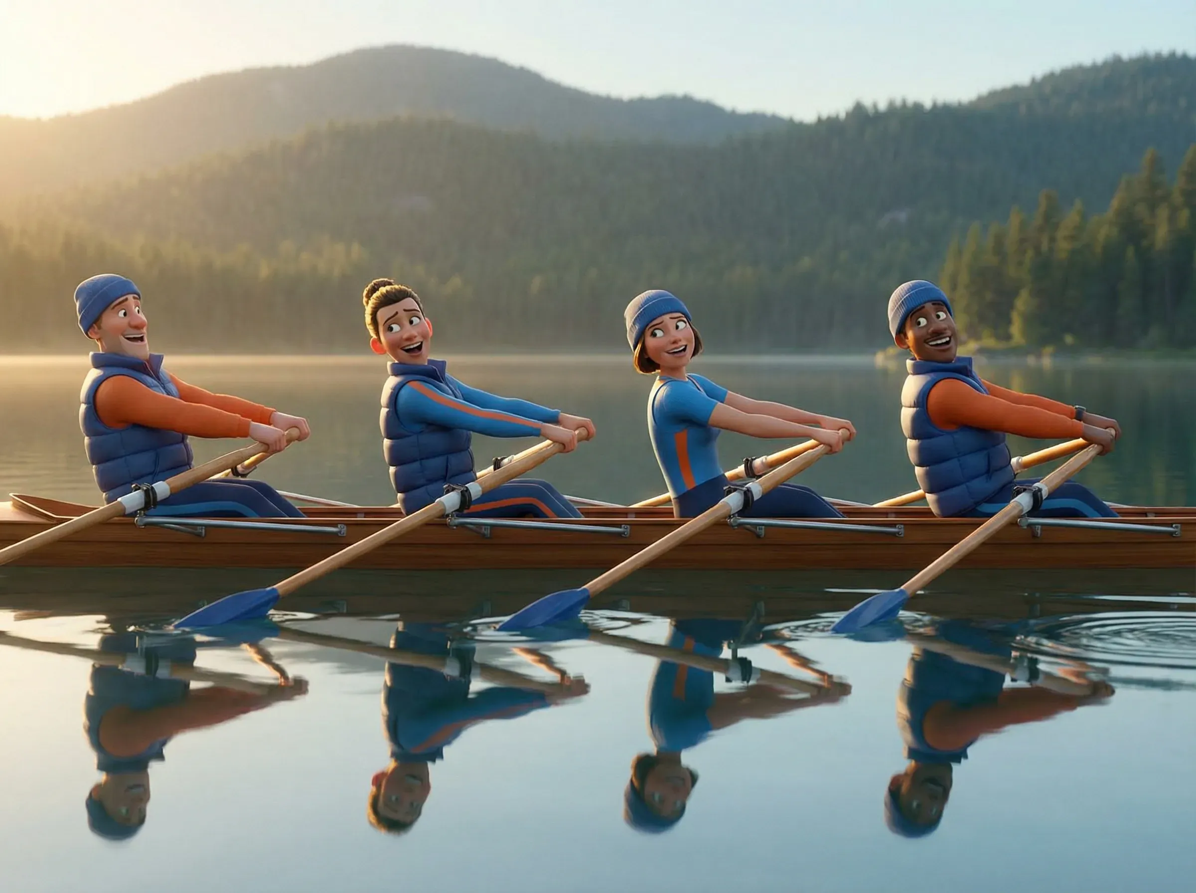 Équipe d'aviron synchronisée sur eau calme