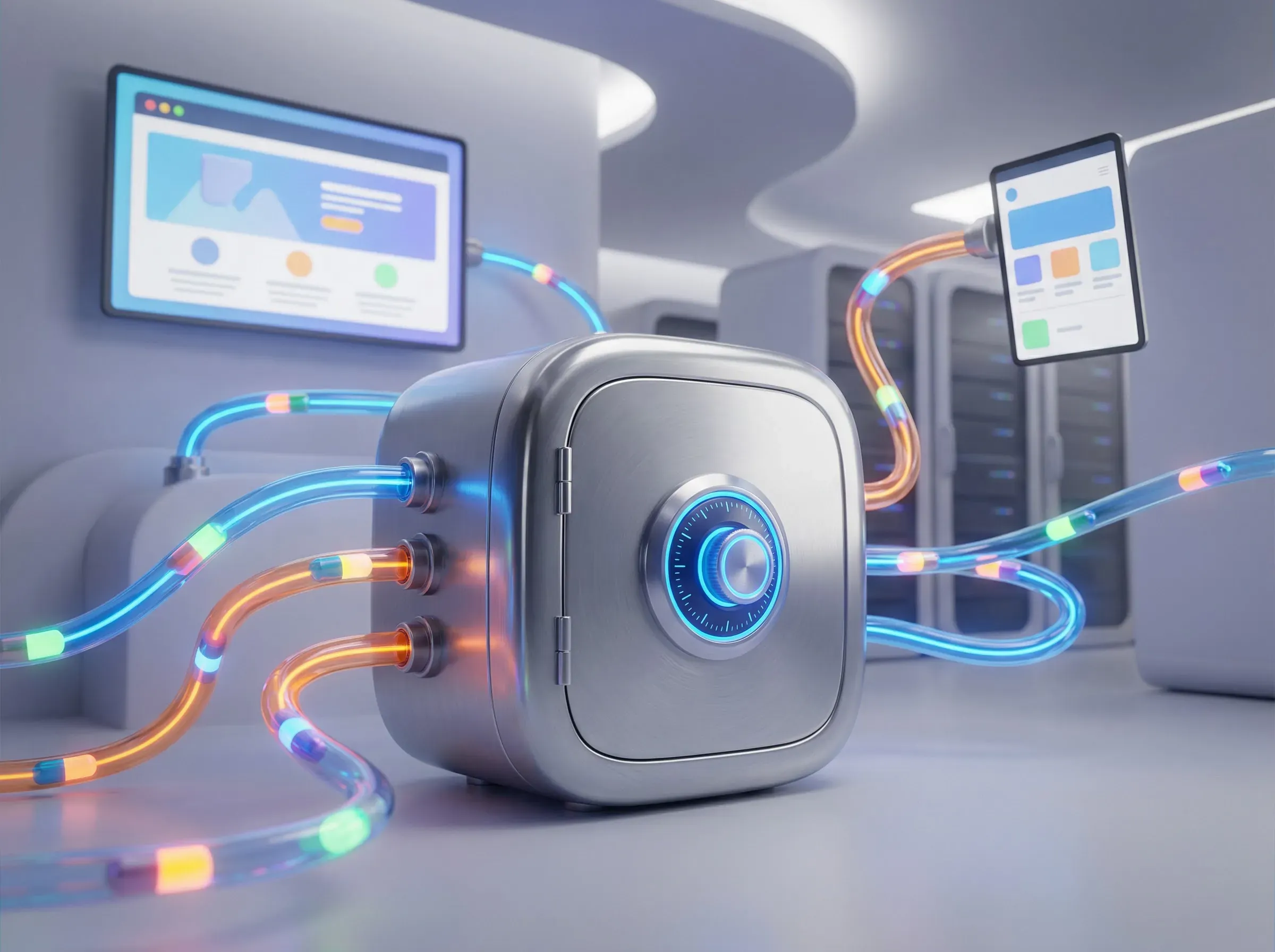 un coffre fort futuriste connecté a plusieurs canaux numériques