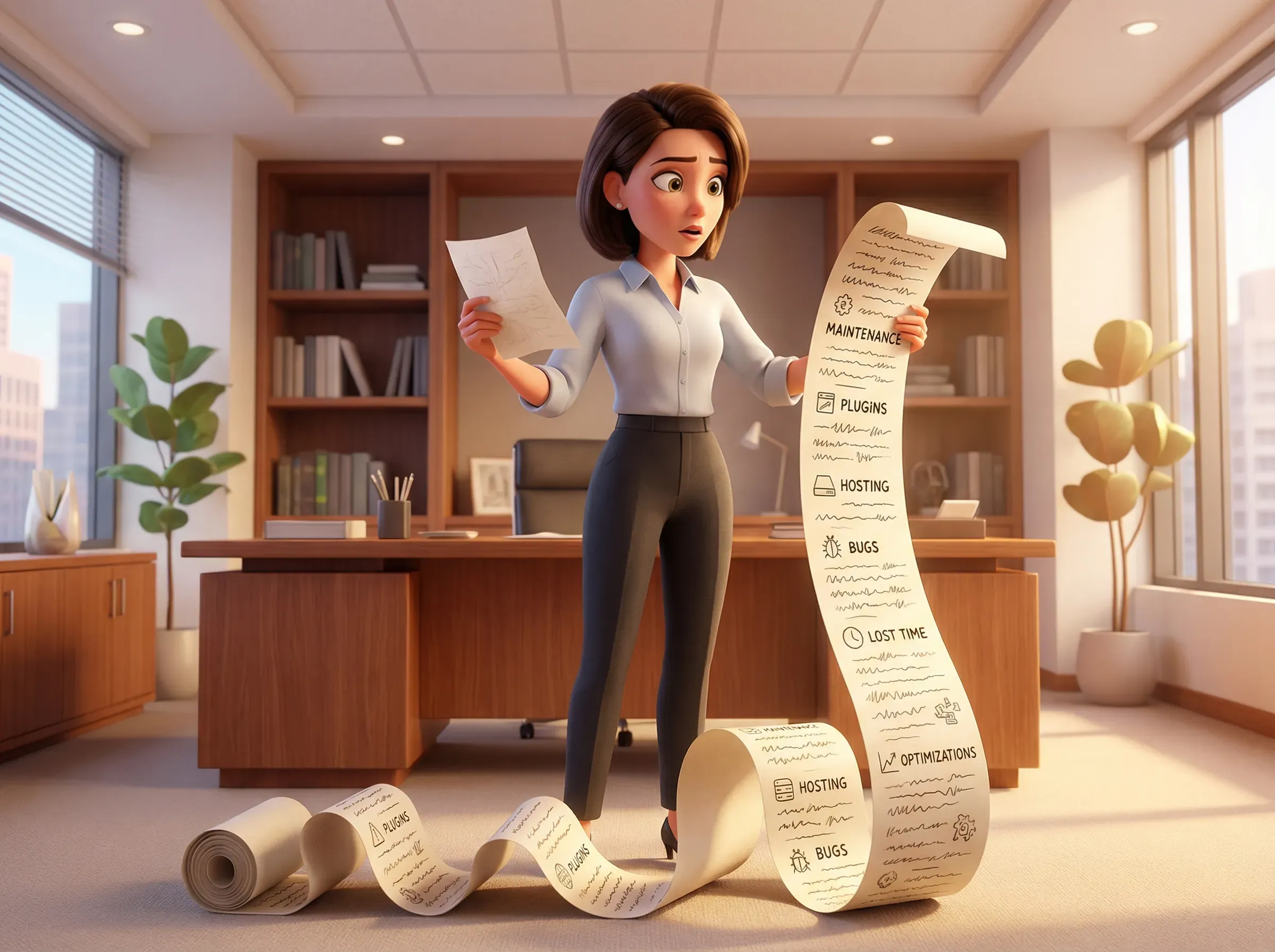 une dirigante qui dois faire le choix entre deux listes, une très courte et une autre qui n'en fini pas