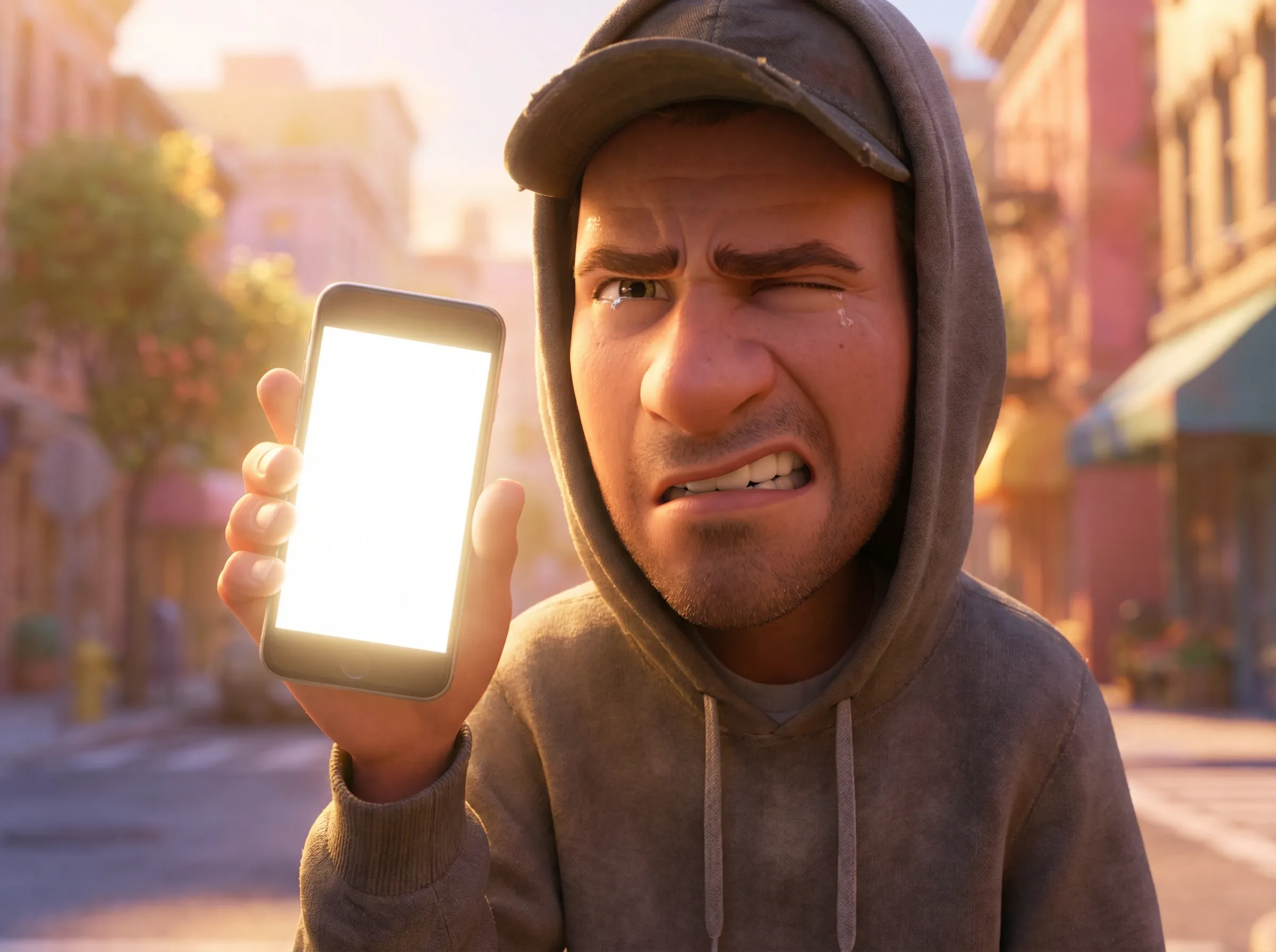 Homme luttant avec son smartphone en plein soleil
