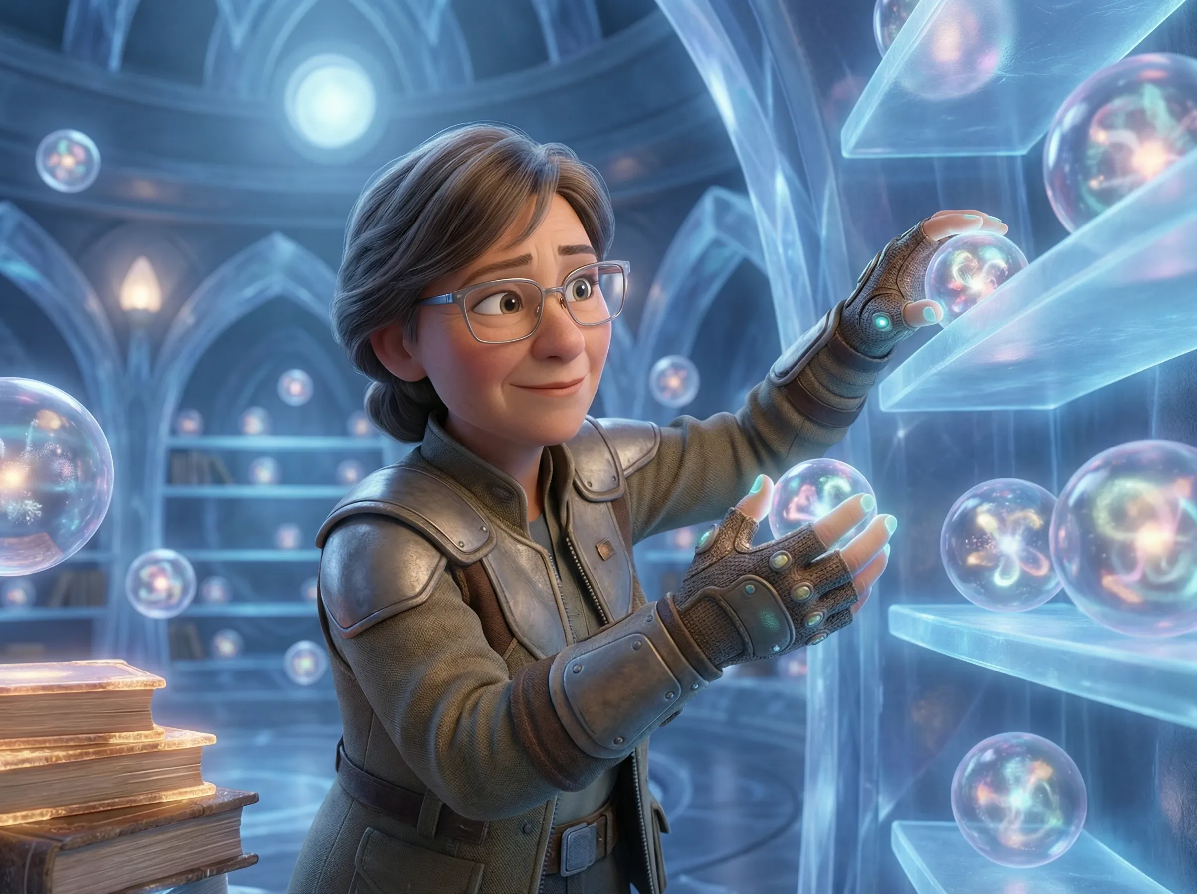 Bibliothécaire futuriste triant orbes lumineux