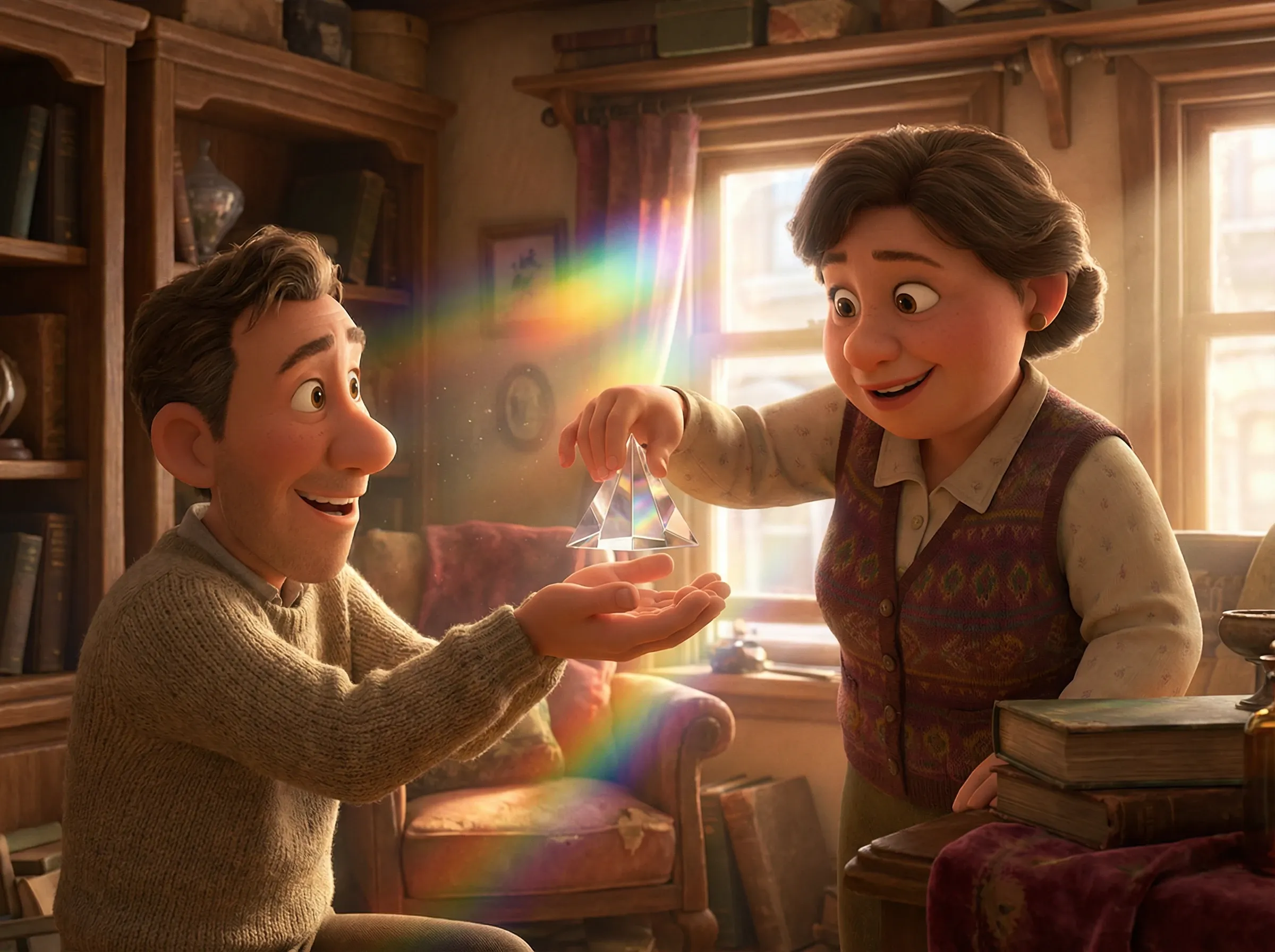 Vendeuse donnant un prisme à un client souriant