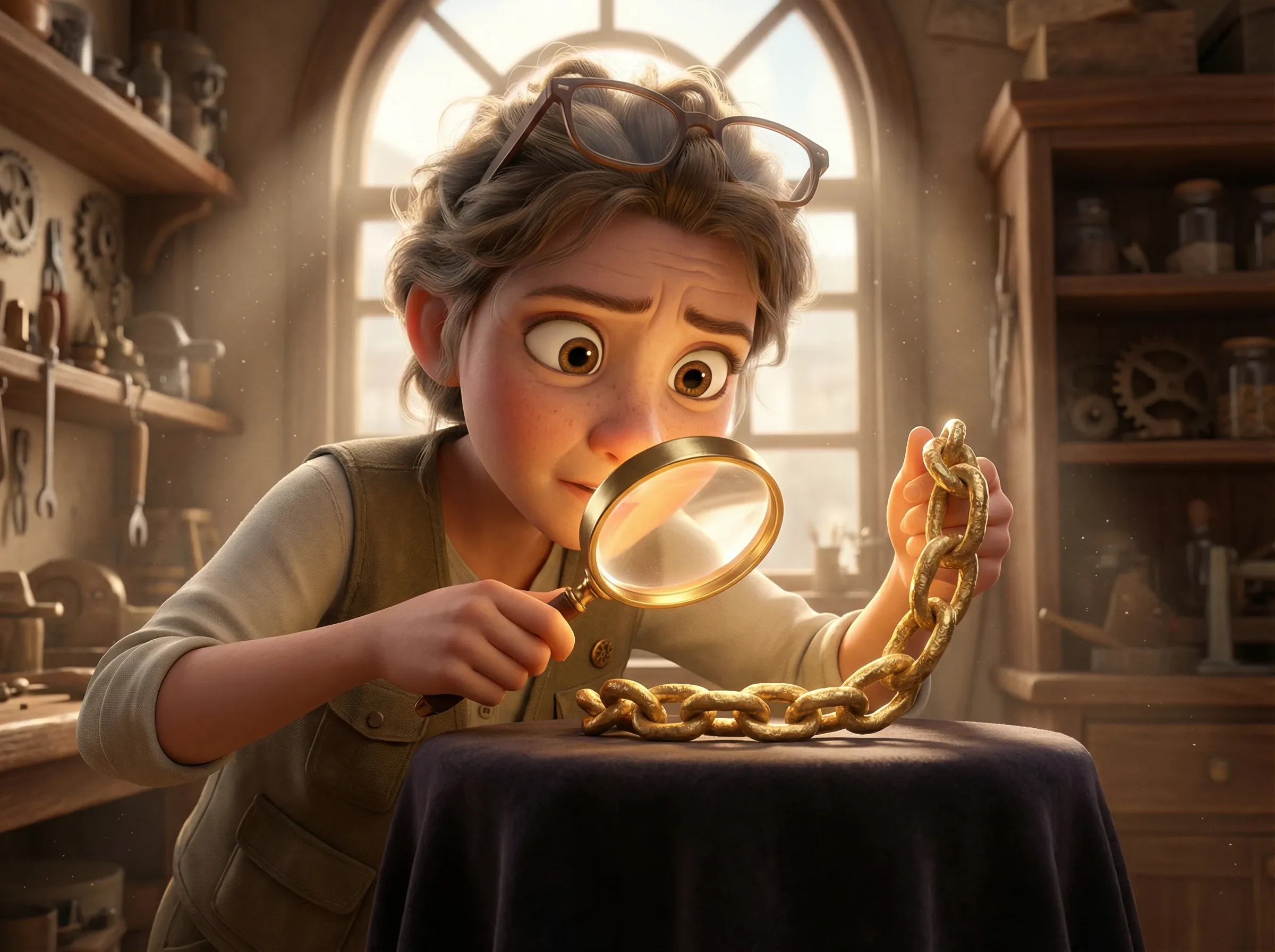 En experte, elle inspecte maillons d'or à la loupe.