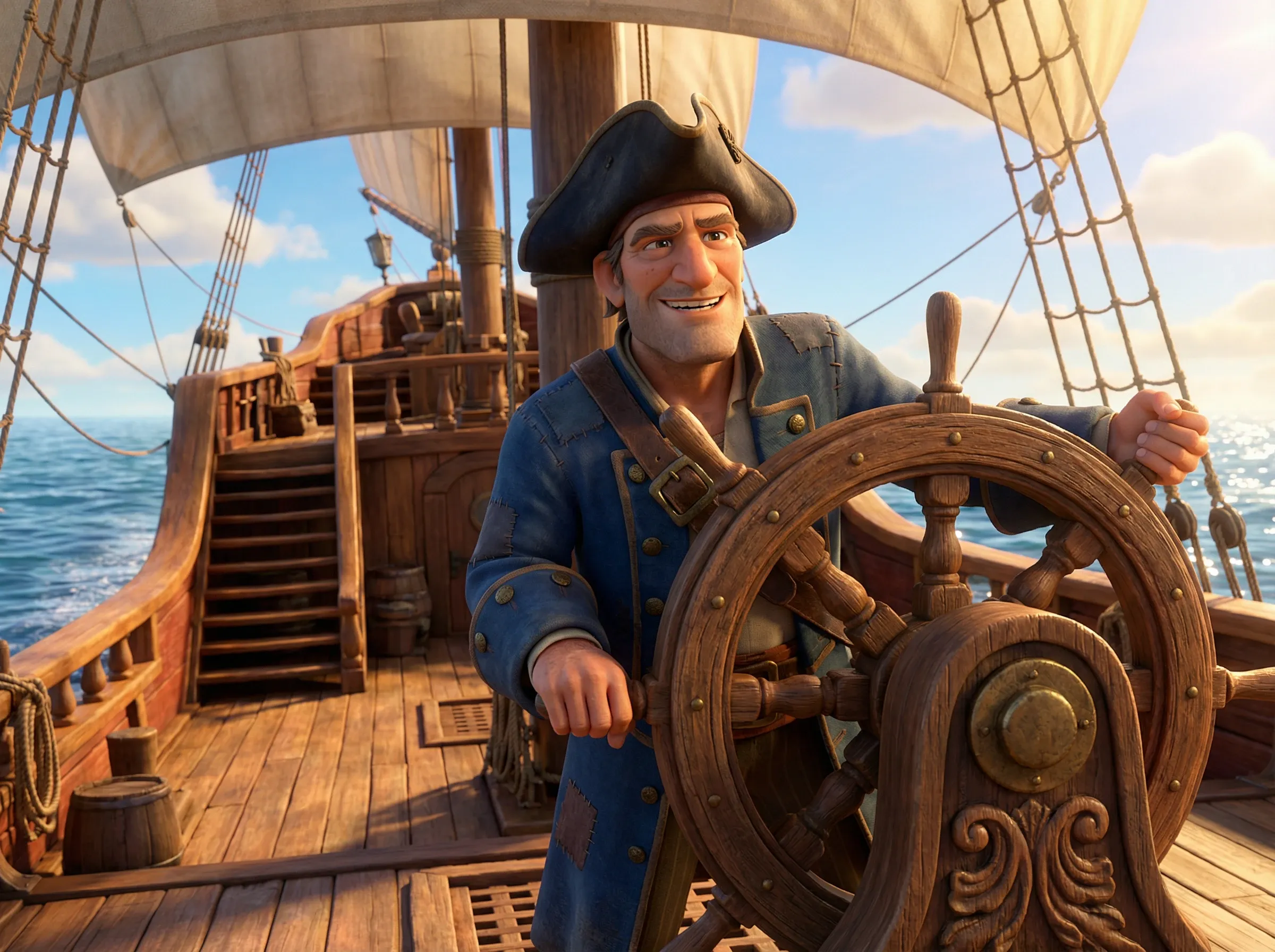 Capitaine gouverne navire sur mer calme et ciel clair.