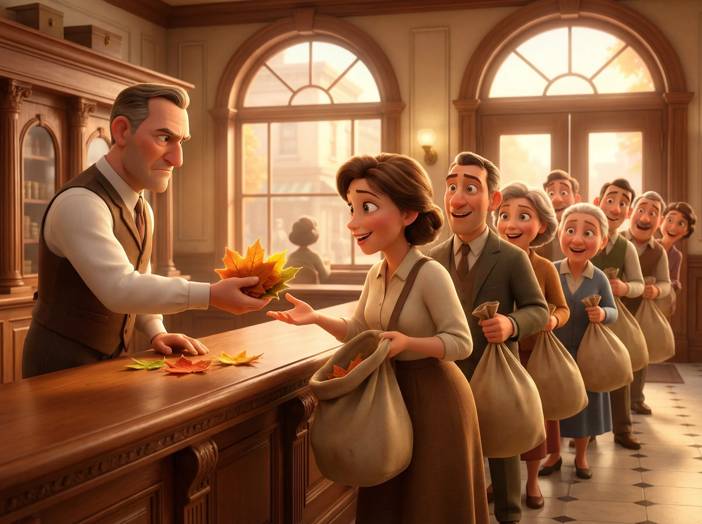 Distribution solennelle de feuilles mortes à la banque