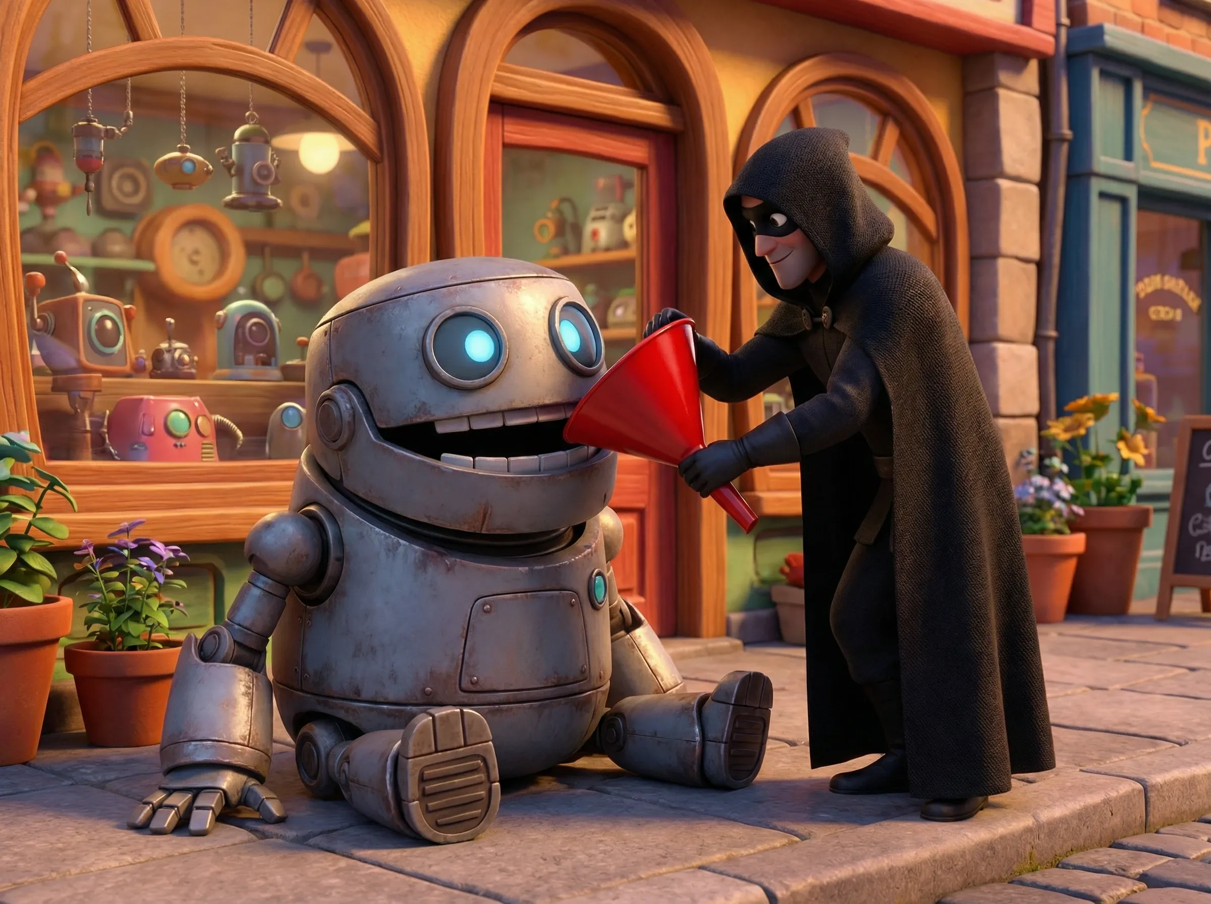 Voleur entonnant automate en façade de magasin