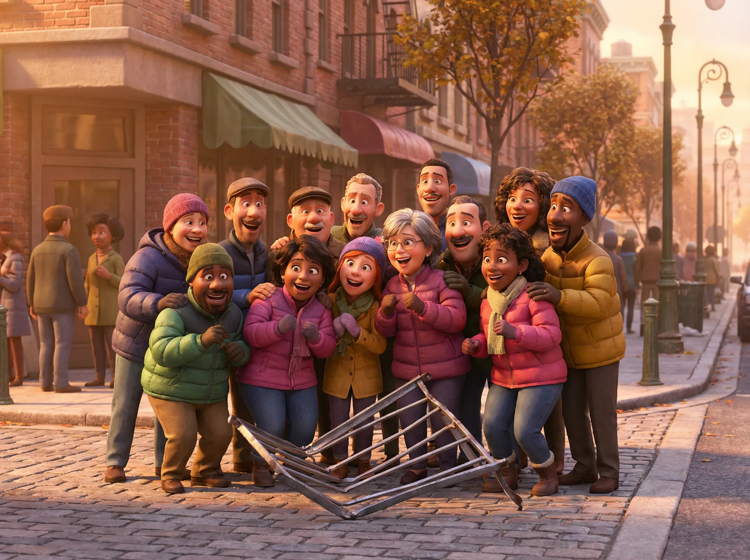 Foule riant devant un panneau tordu