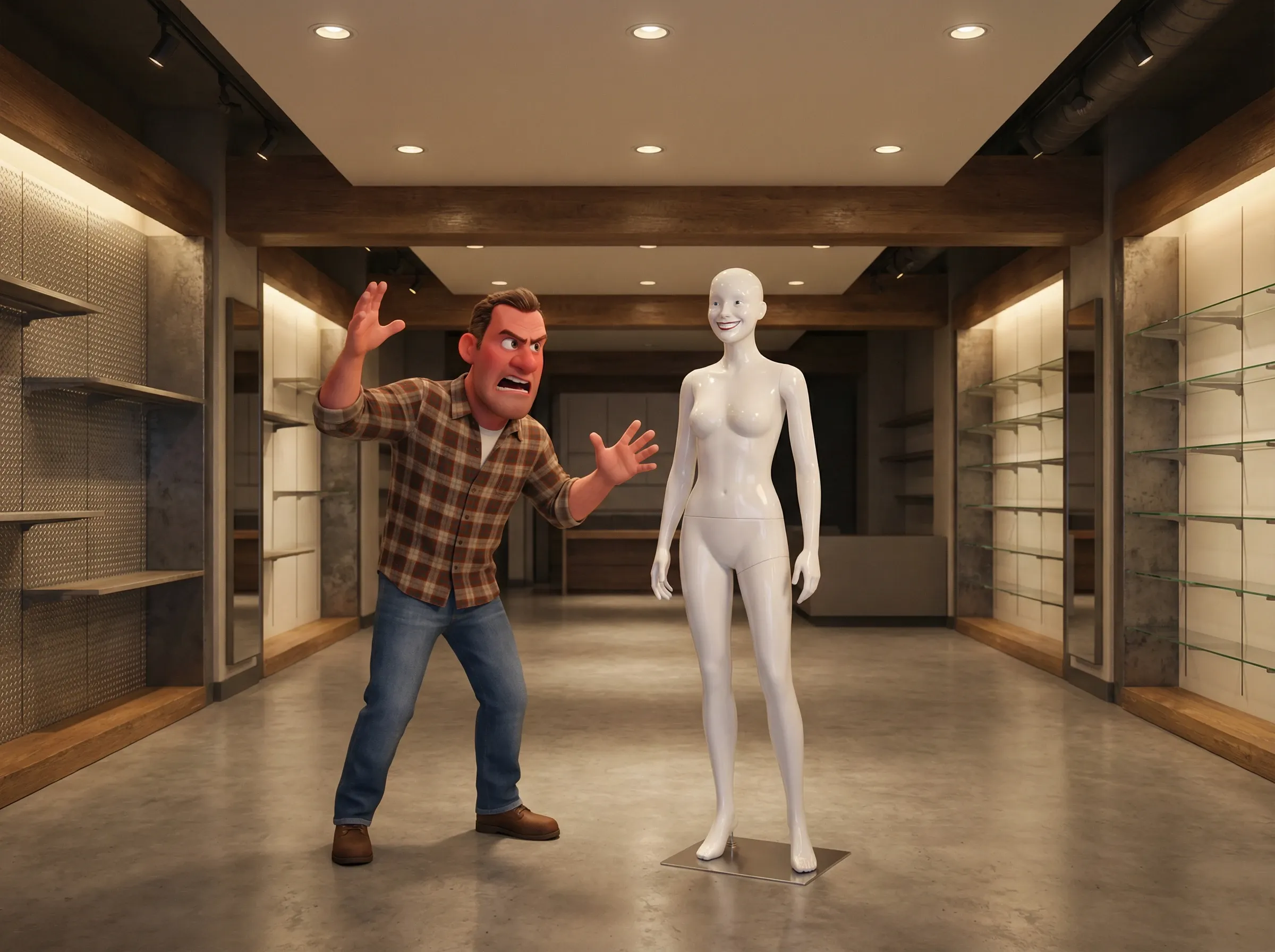 Homme en colère face à un mannequin souriant