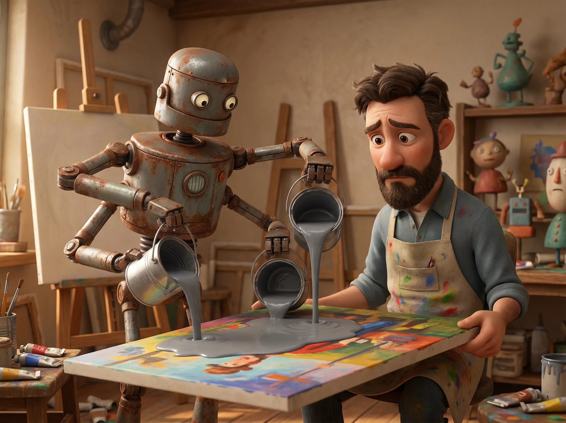 Robot verse peinture grise sur toile colorée.