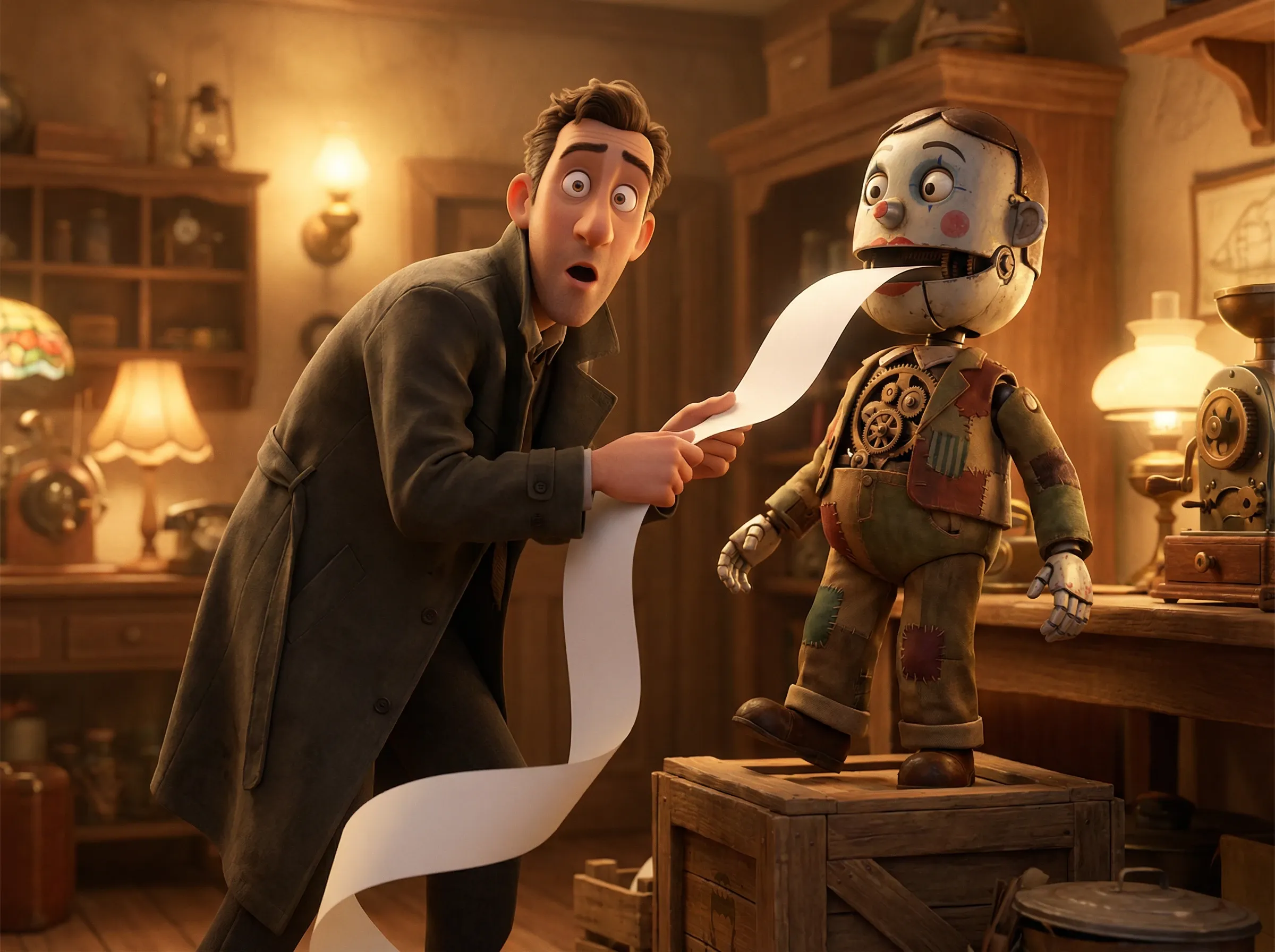 Homme tire ruban de papier d'un automate inerte