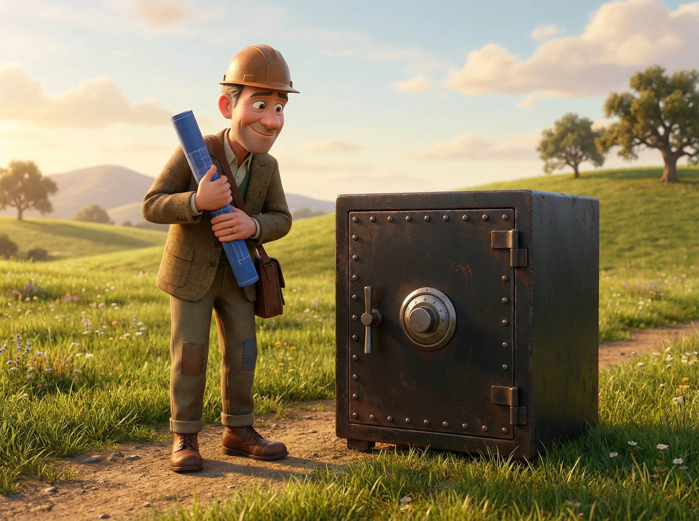 Architecte et coffre-fort dans un champ serein