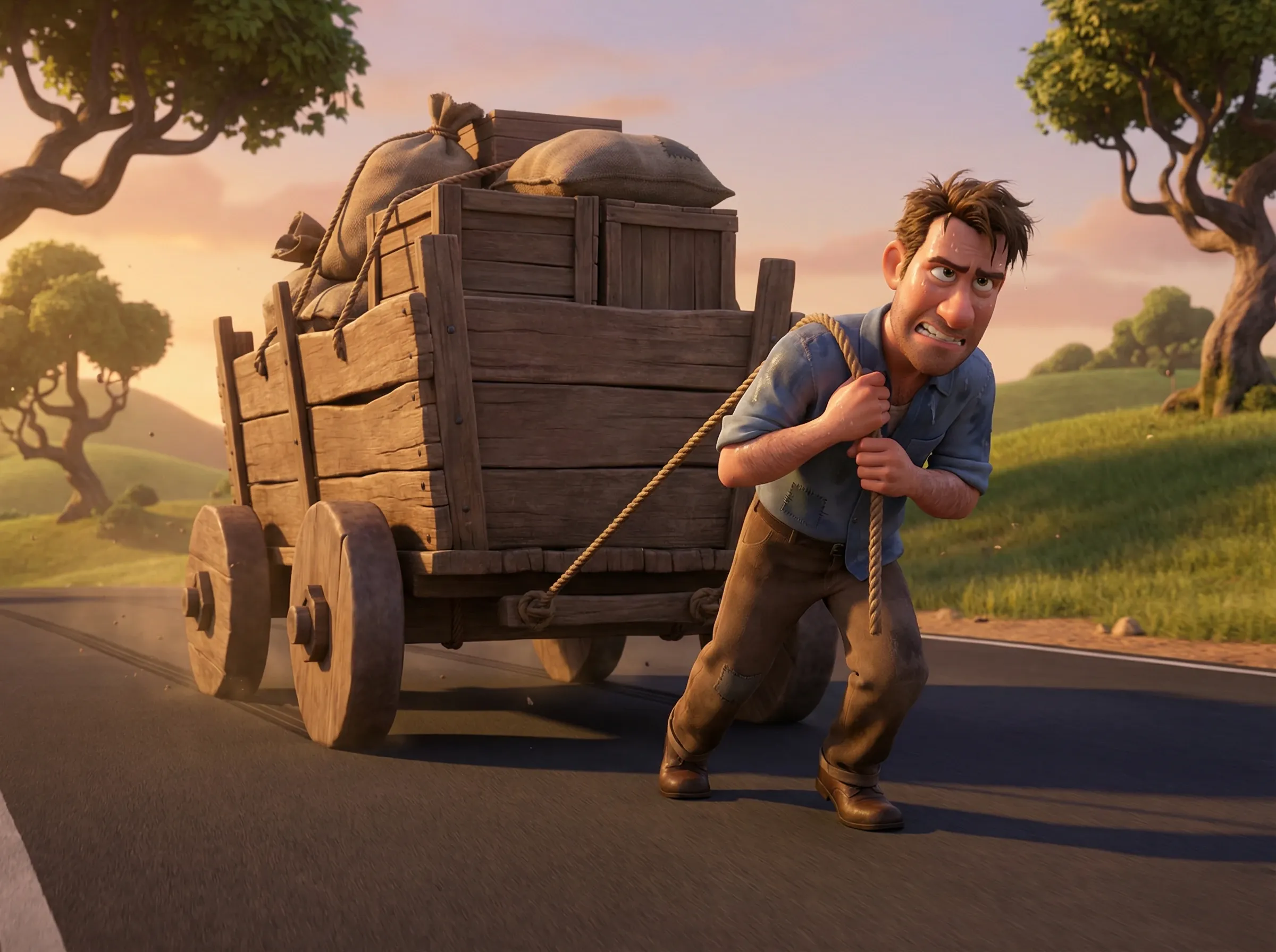 Homme haletant tire charrette à roues carrées