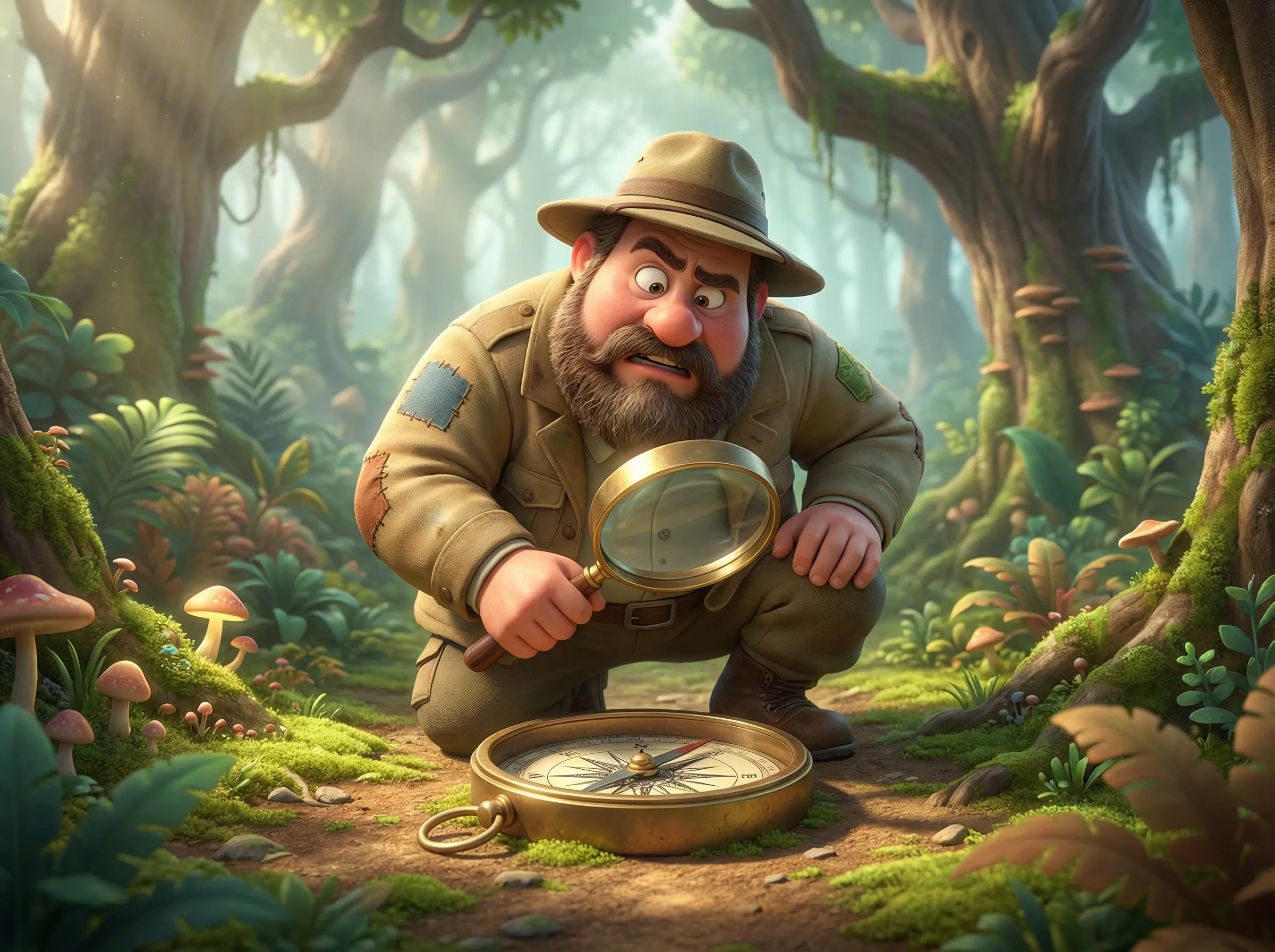 Homme explorant un carrefour forestier avec boussole géante