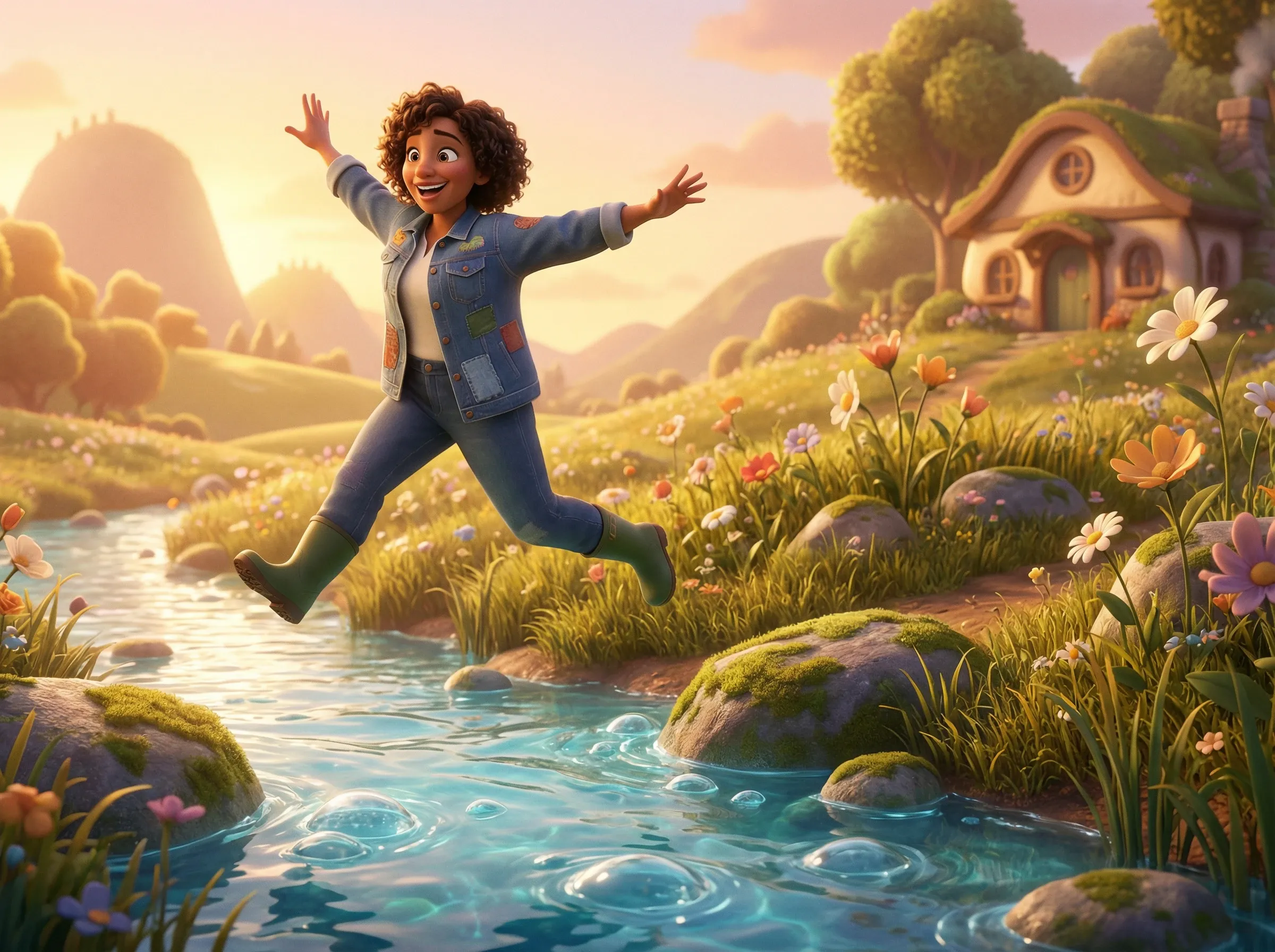 Femme heureuse franchissant un ruisseau vers la prairie