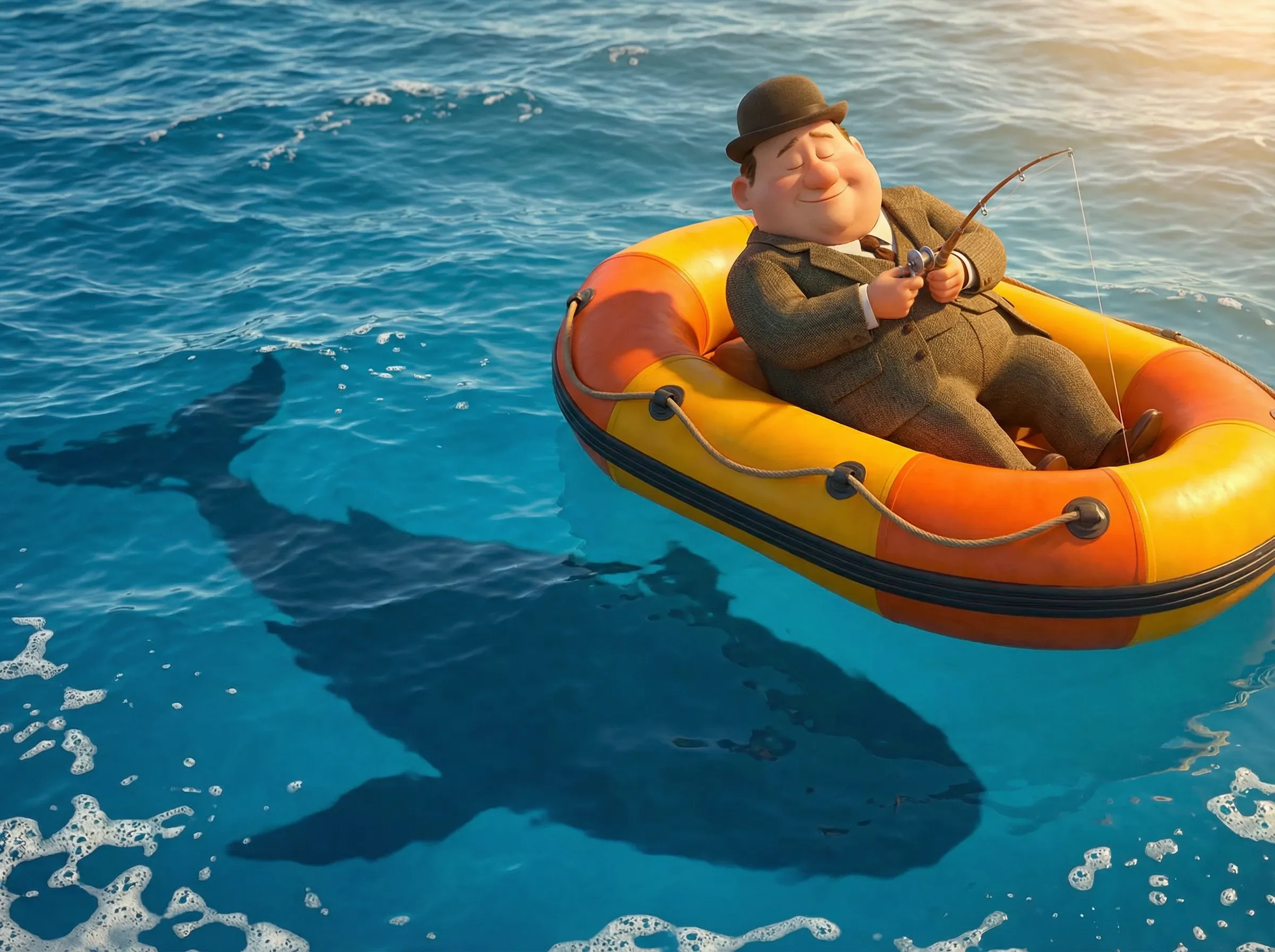 Homme sur canot et ombre marine géante menaçante