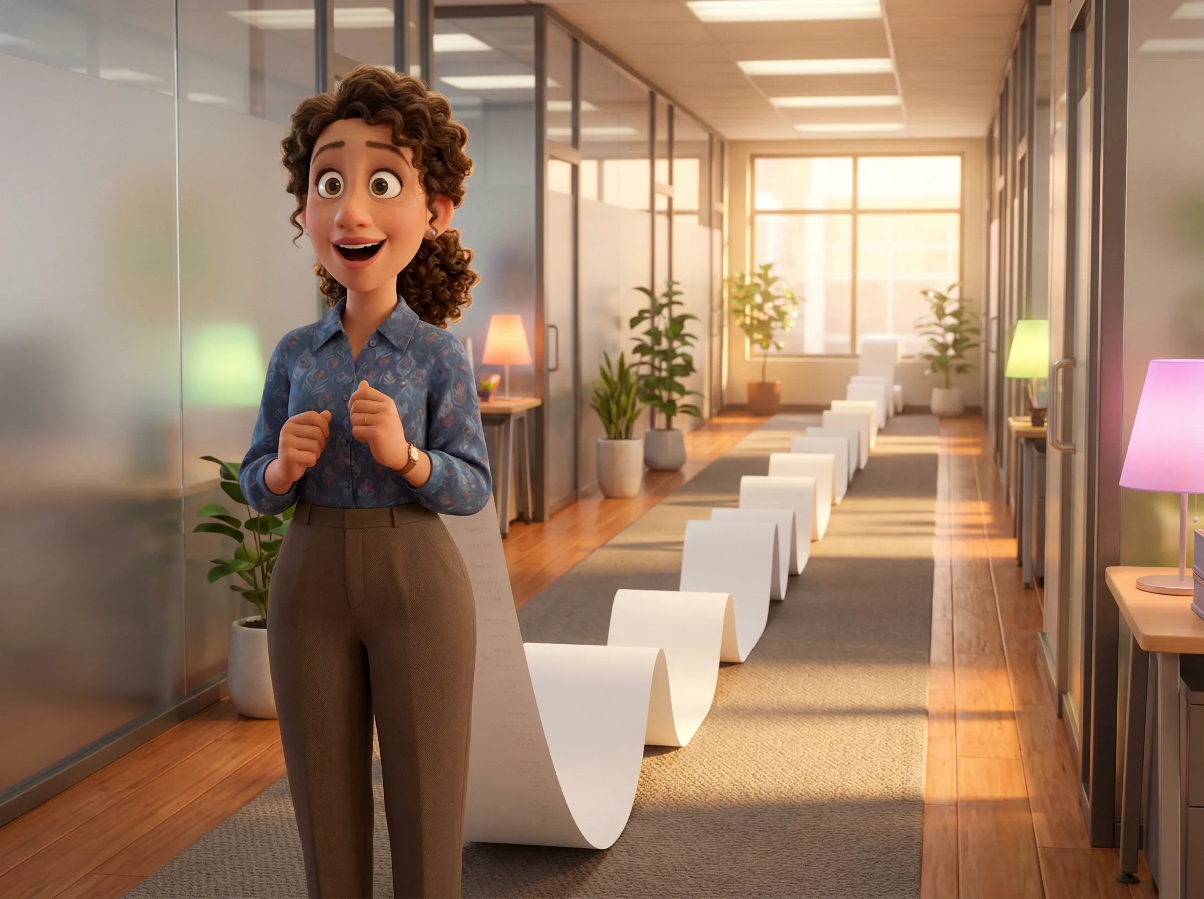 Ticket de caisse géant dans un couloir de bureaux