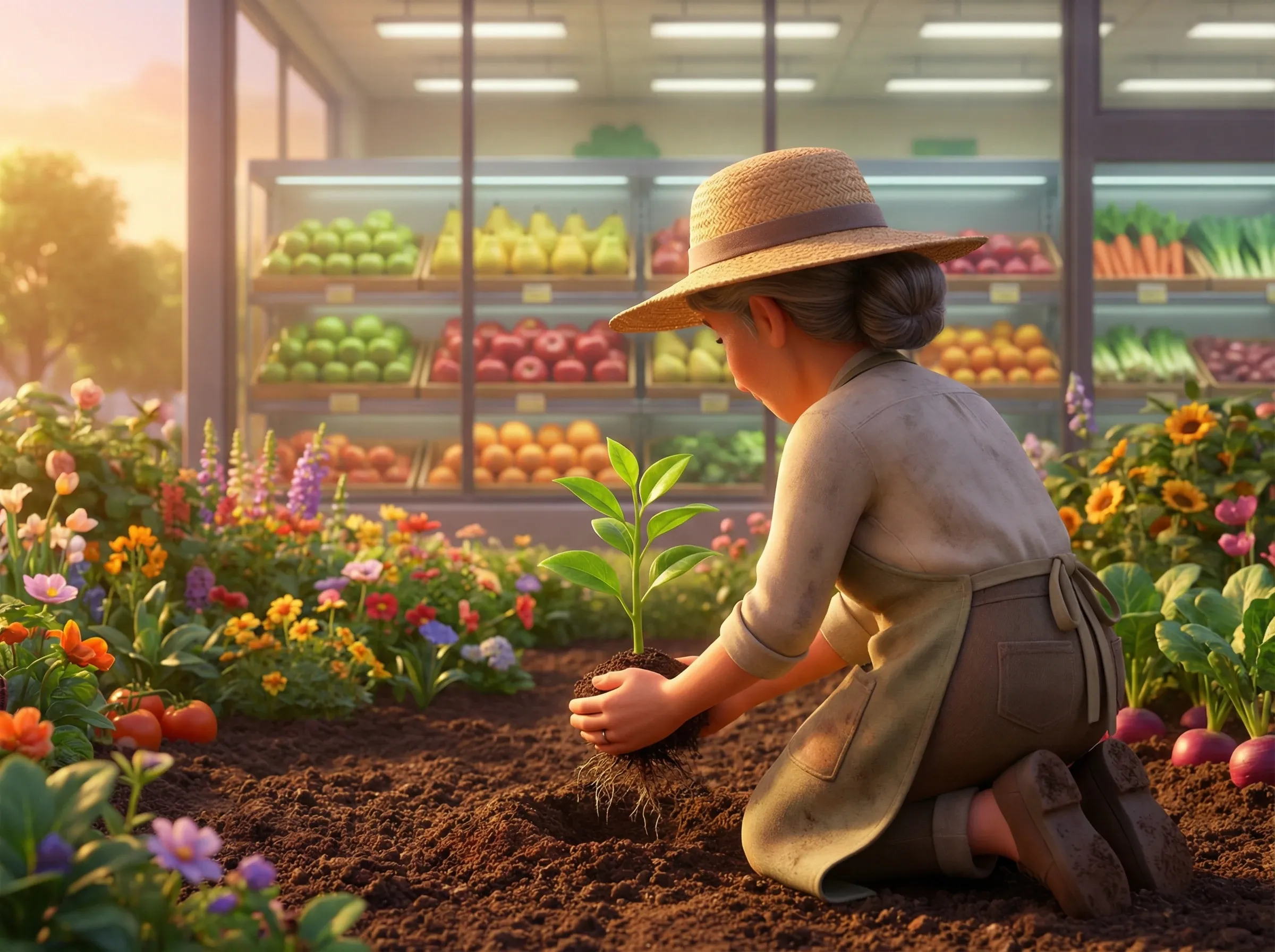 Plantation d'arbres, tournant le dos au supermarché