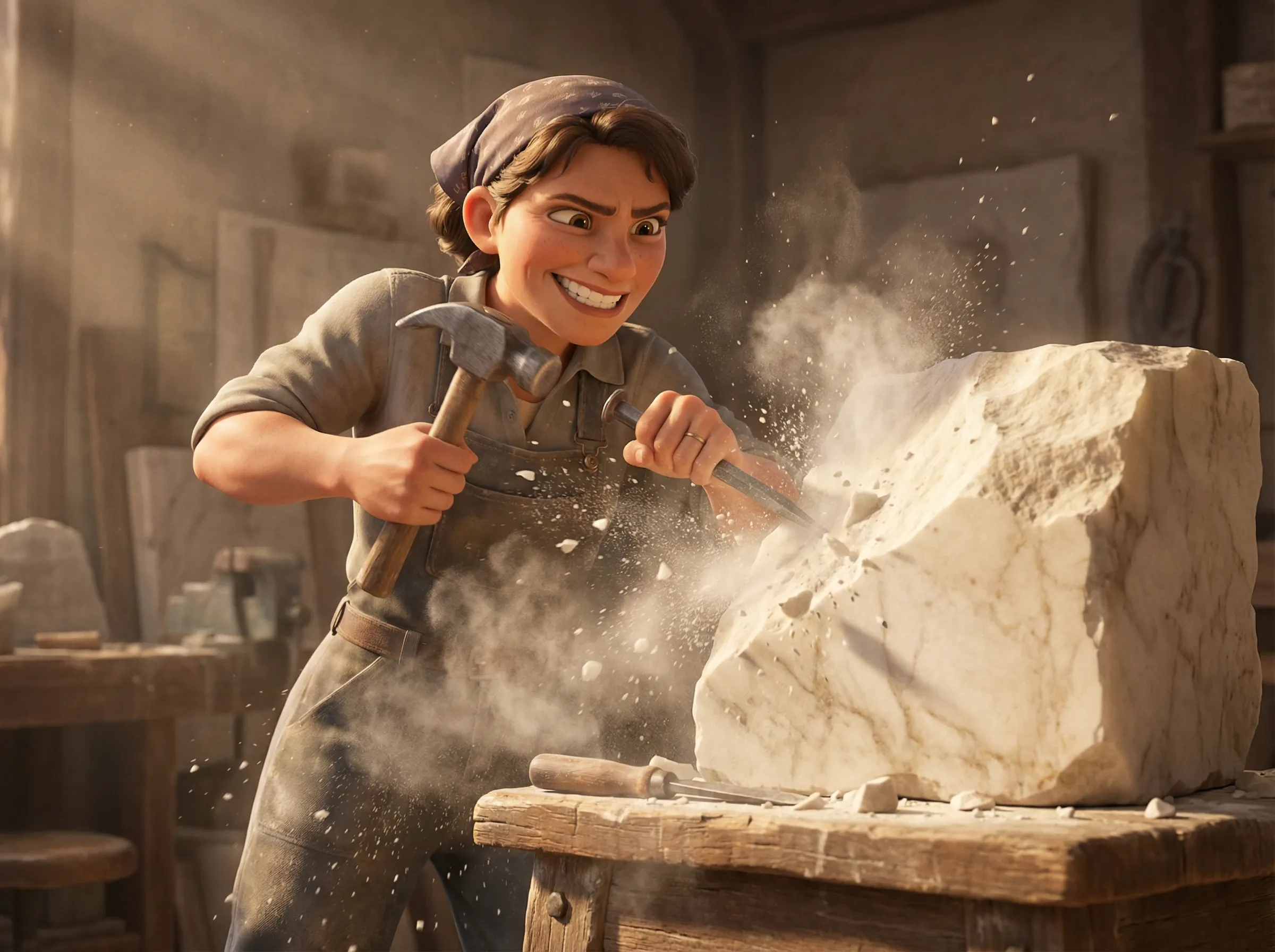 Sculptrice au travail, force et précision