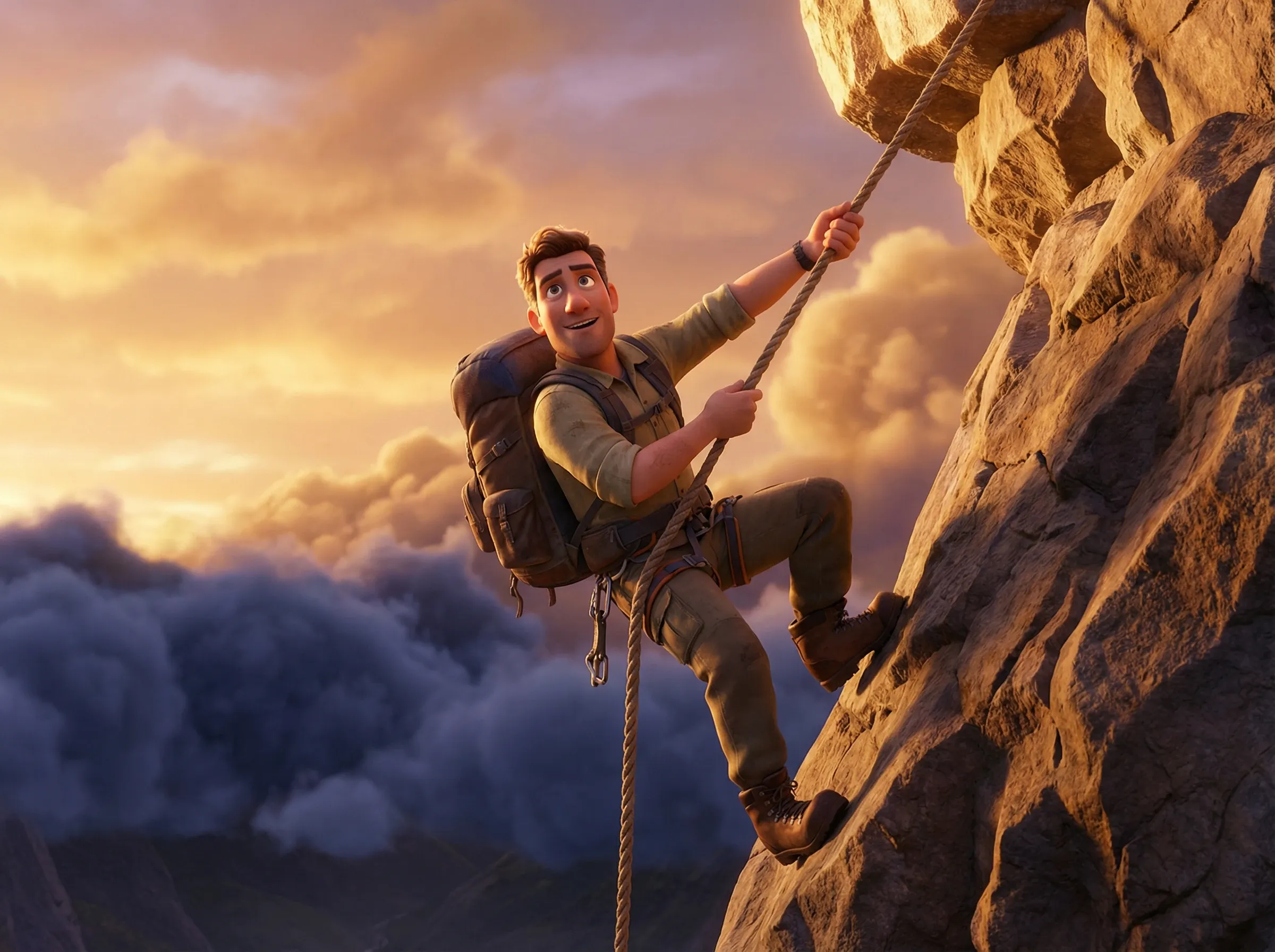 Ascension montagneuse sous soleil et nuages