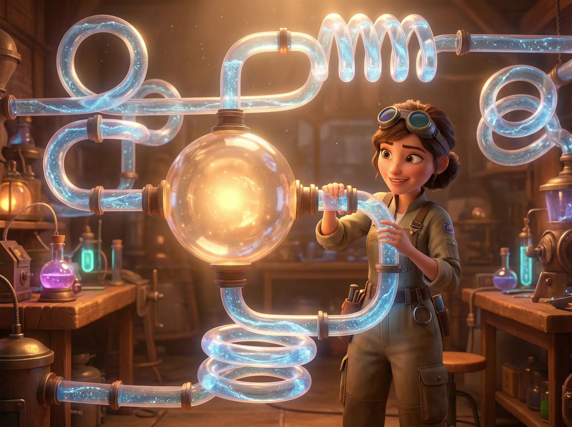 Ingénieure assemble tuyaux brillants, réseau complexe