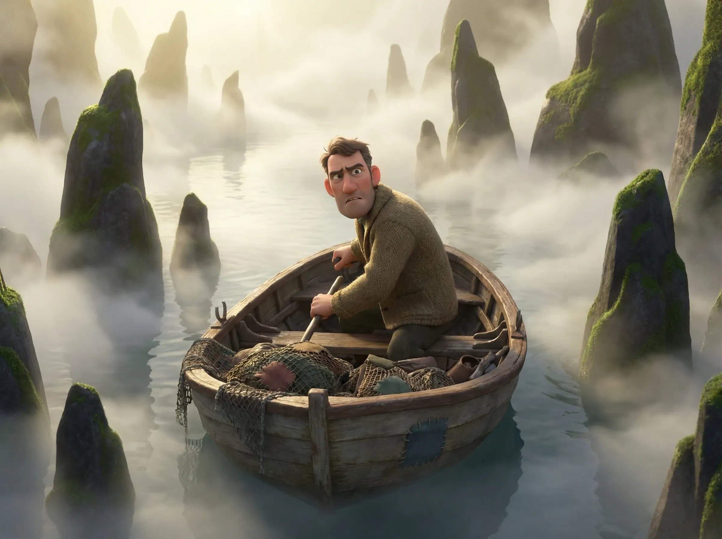 Barque dans labyrinthe rocailleux brumeux