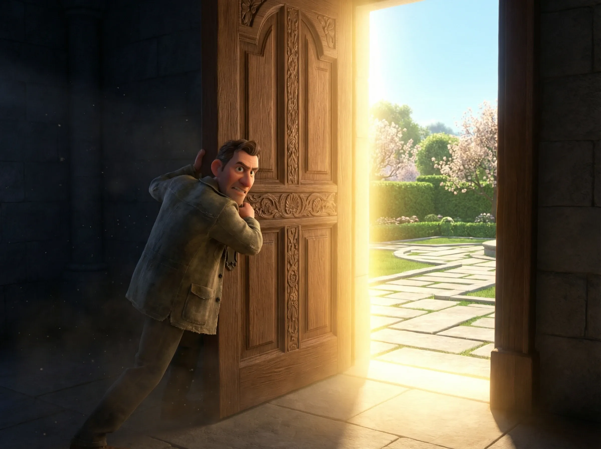 Forcer la porte massive vers la lumière du jardin