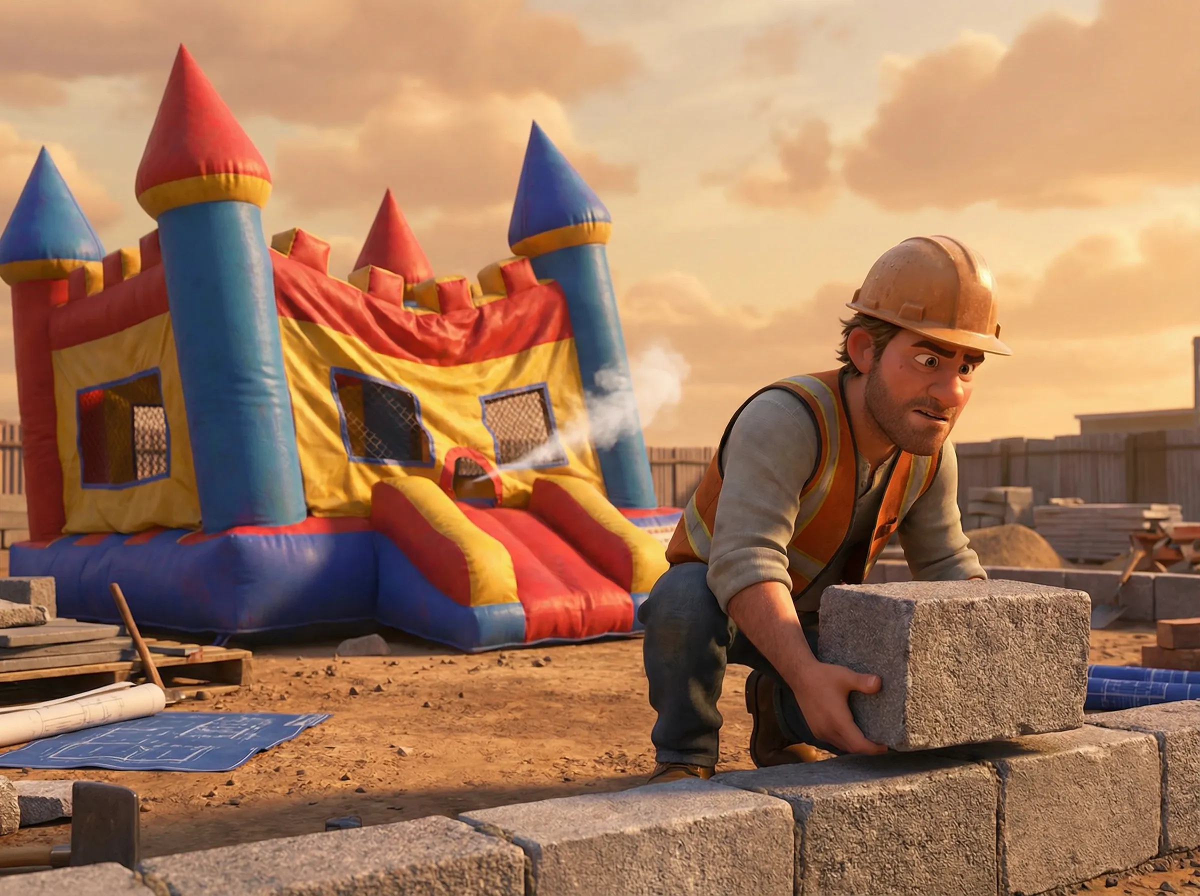 Architecte bâtit fondations face, château gonflable s'affaisse